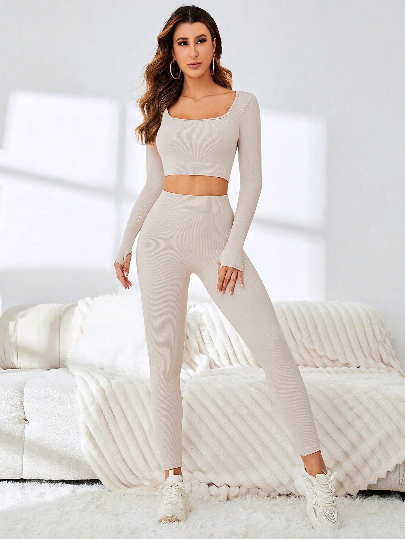 Sport Seamluxe Two Piece Outfits Seamless High Stretch Thumb Holes Sports Tee &amp; Leggings