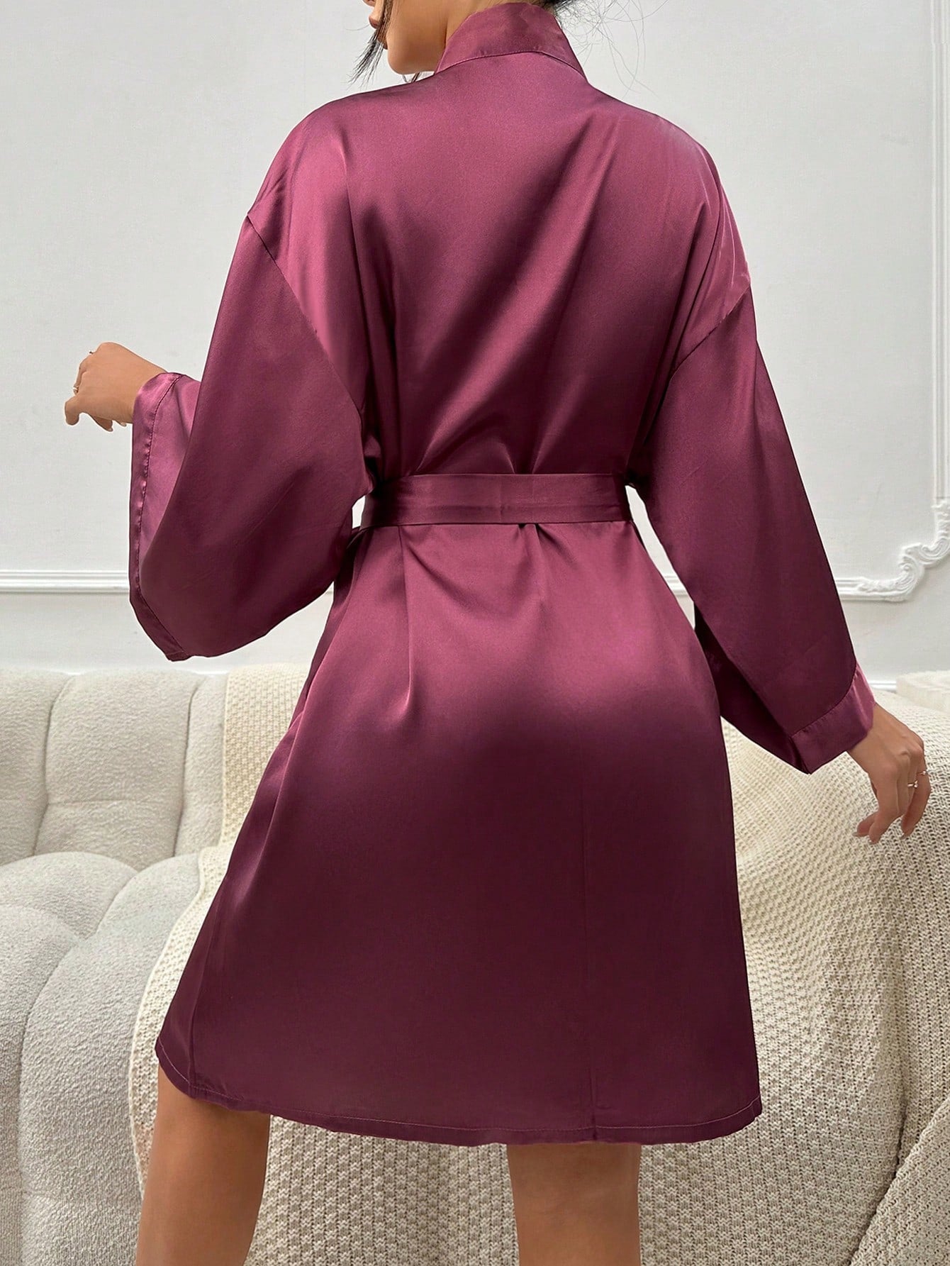 Lip Print Belted Satin Robe