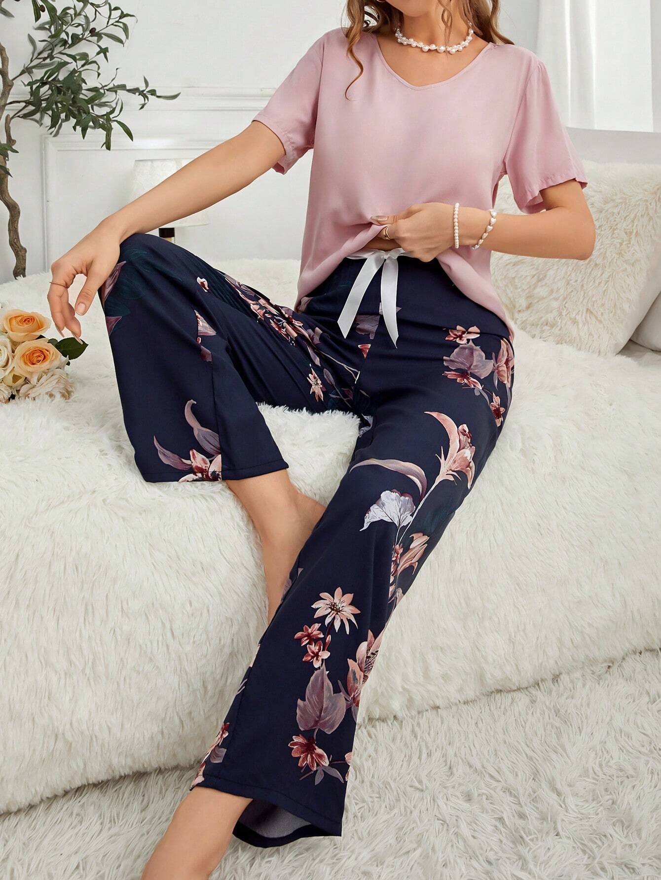 V-Neck Short Sleeve Top And Floral Print Pants Pajama Set