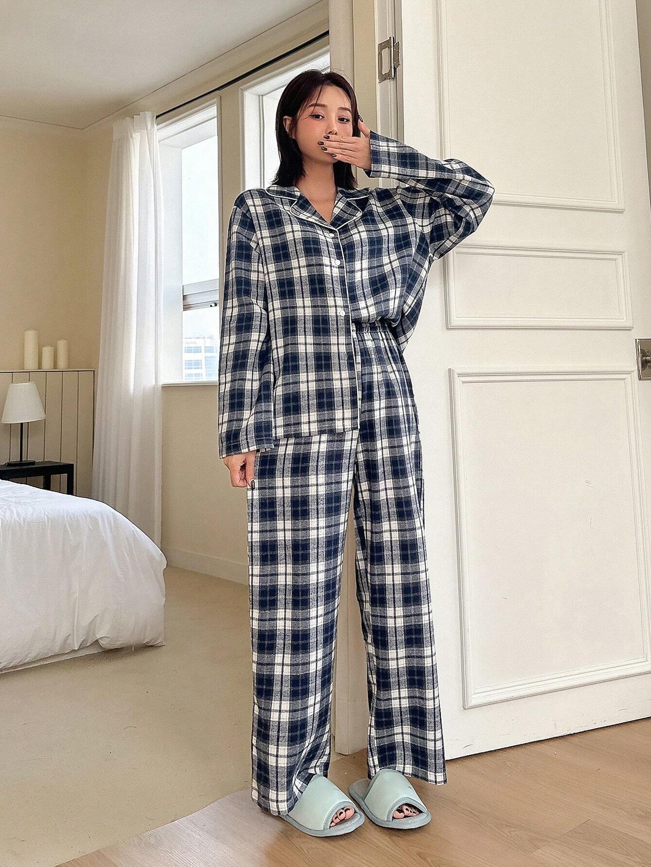 DAZY Solid &amp; Plaid Leisure Pajama Set Navy Blue