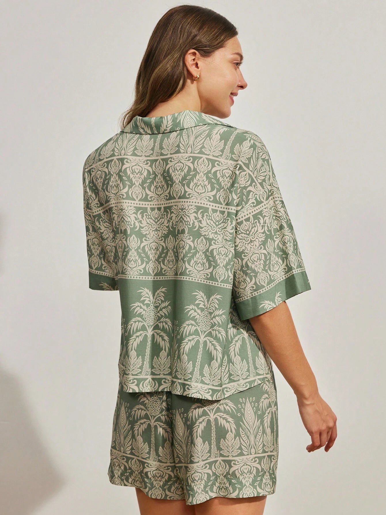 LUVLETTE Lyocell Tencel Rayon Short Tropical Print Casual Lounge Short-Sleeve Short Pantypajama Set