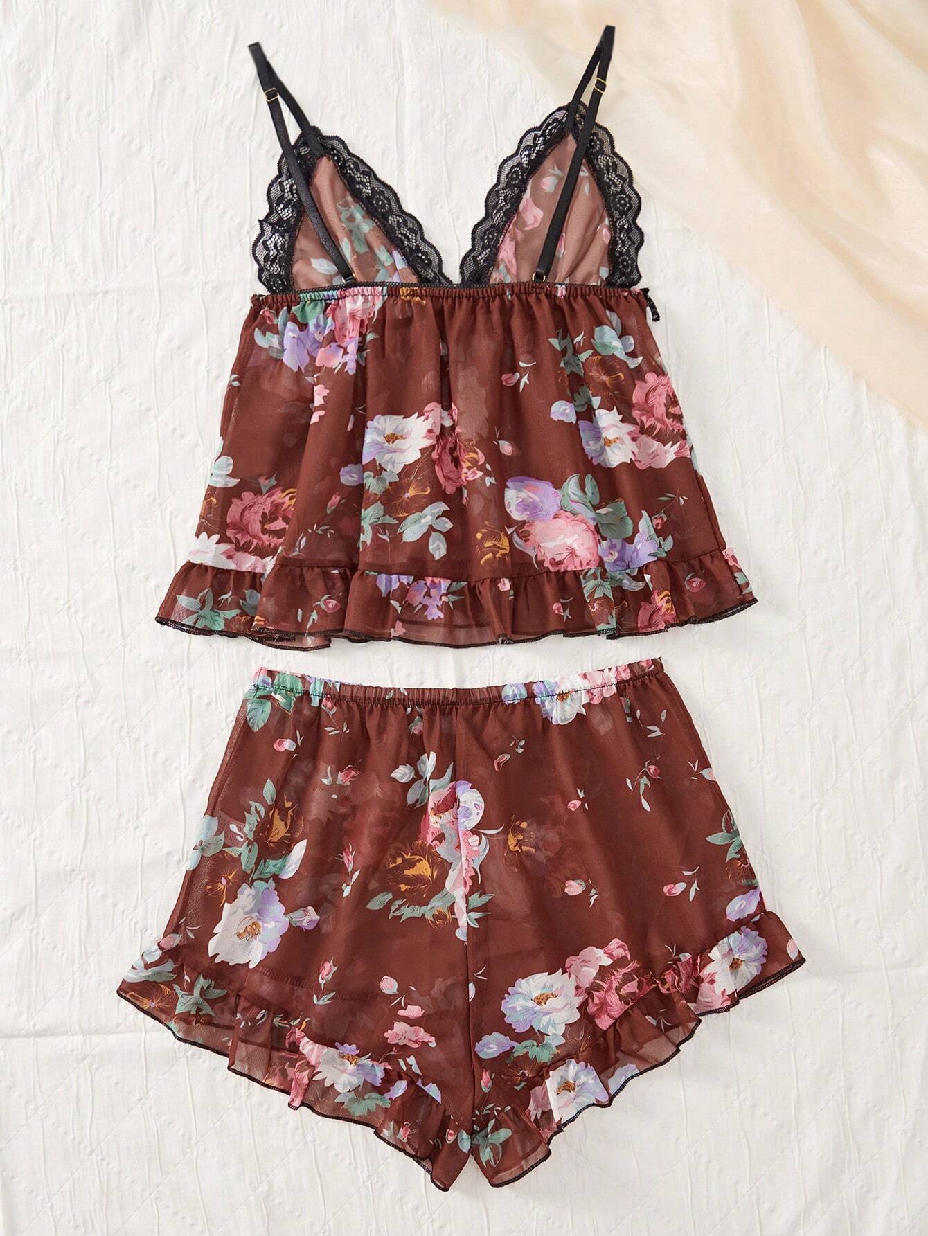 Floral Print Contrast Lace Bow Front Ruffle Hem PJ Set