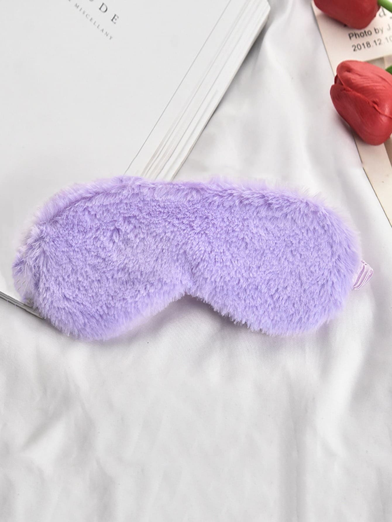 1pc Solid Color Fuzzy Eye Cover, Black Plush Warm Eyeshade For Sleeping