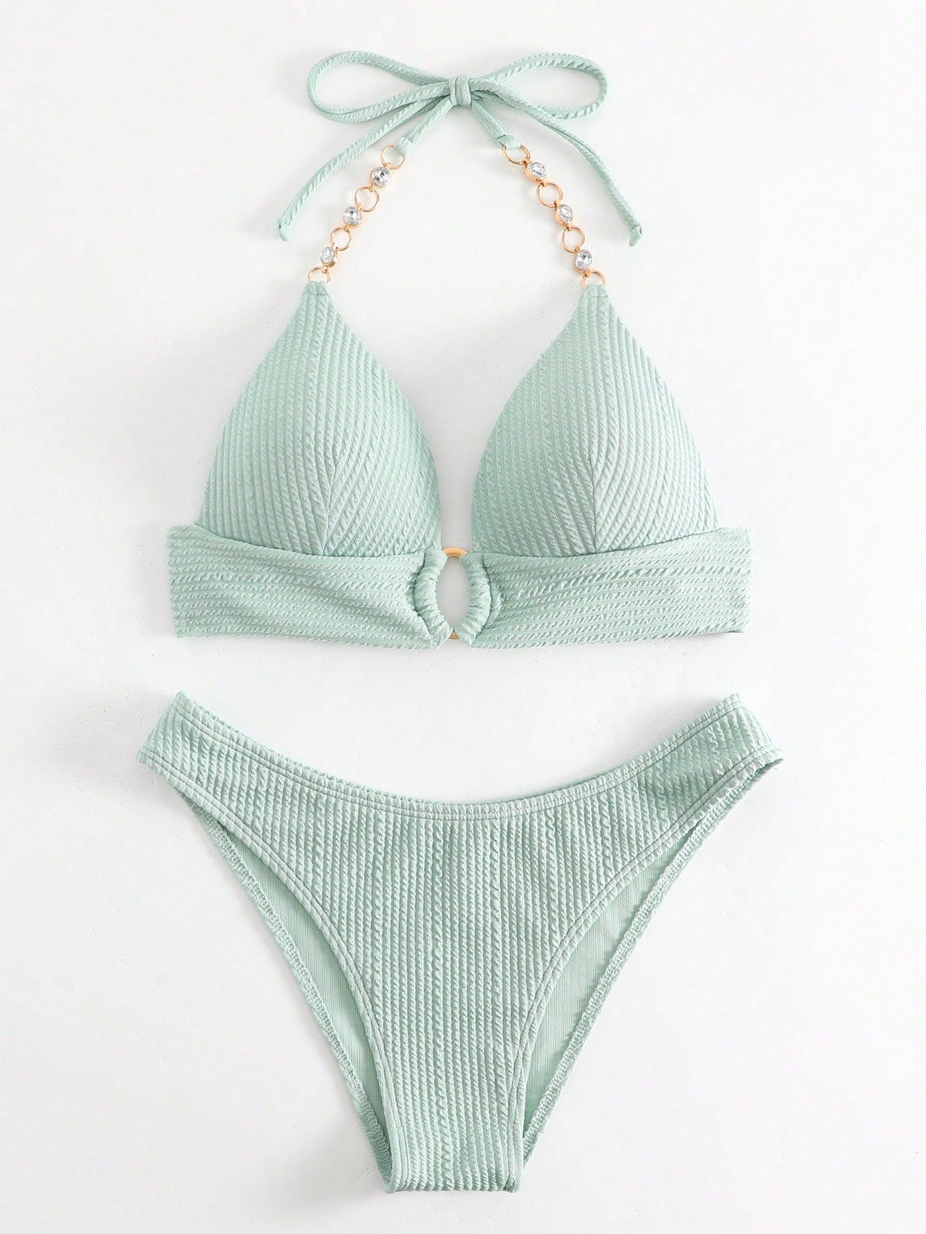 SHEIN Swim SXY Mono Bikini Set Chain Linked Halter Push Up Bra &amp; Bikini 2 Piece Swimsuit