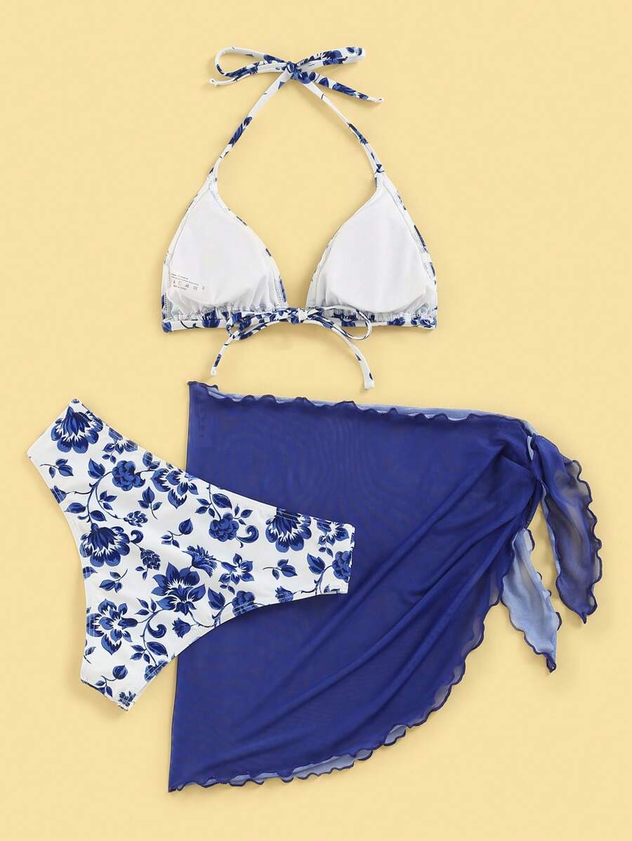 Floral Print Halter Triangle Bikini Swimsuit With Beach Skirt