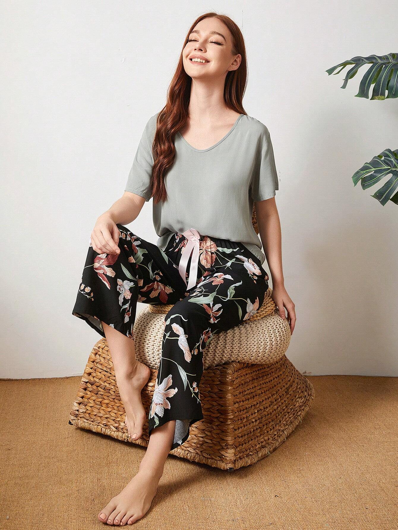 Floral Print Drop Shoulder PJ Set