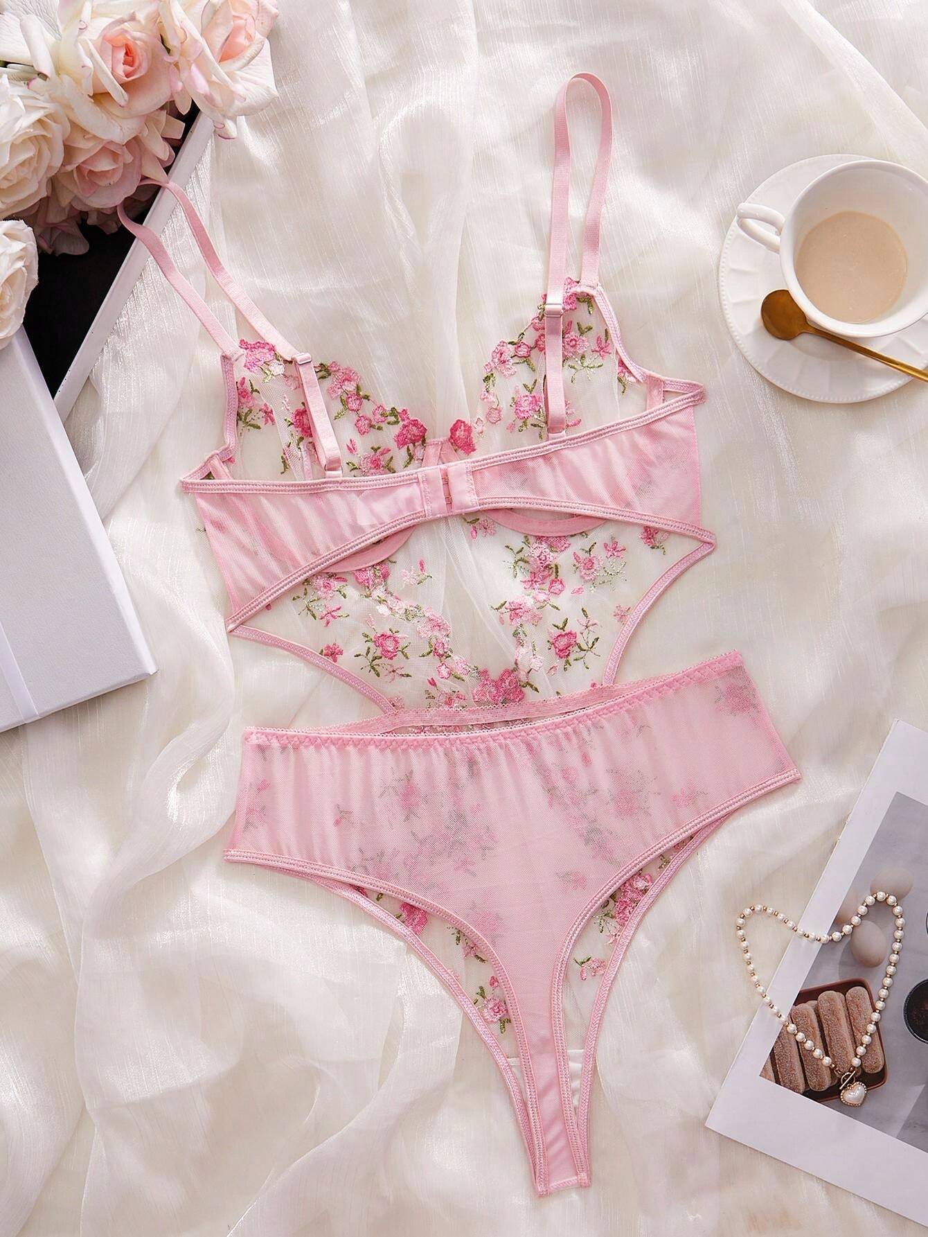 Pink Floral Embroidery Mesh Cut-Out Backless Jumpsuit