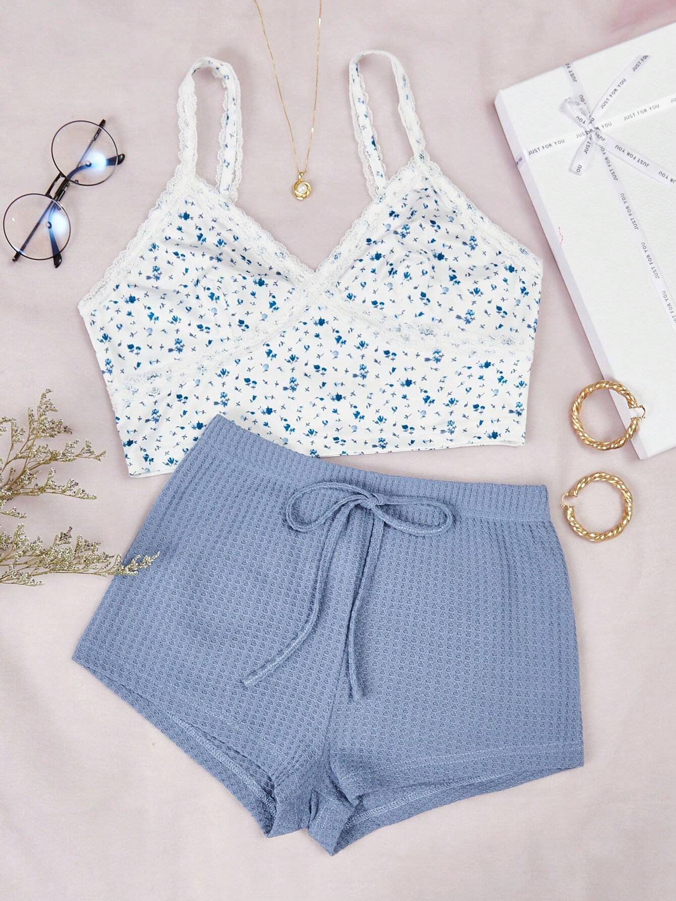 Ditsy Floral Print Lace Trim Cami Top &amp; Shorts PJ Set