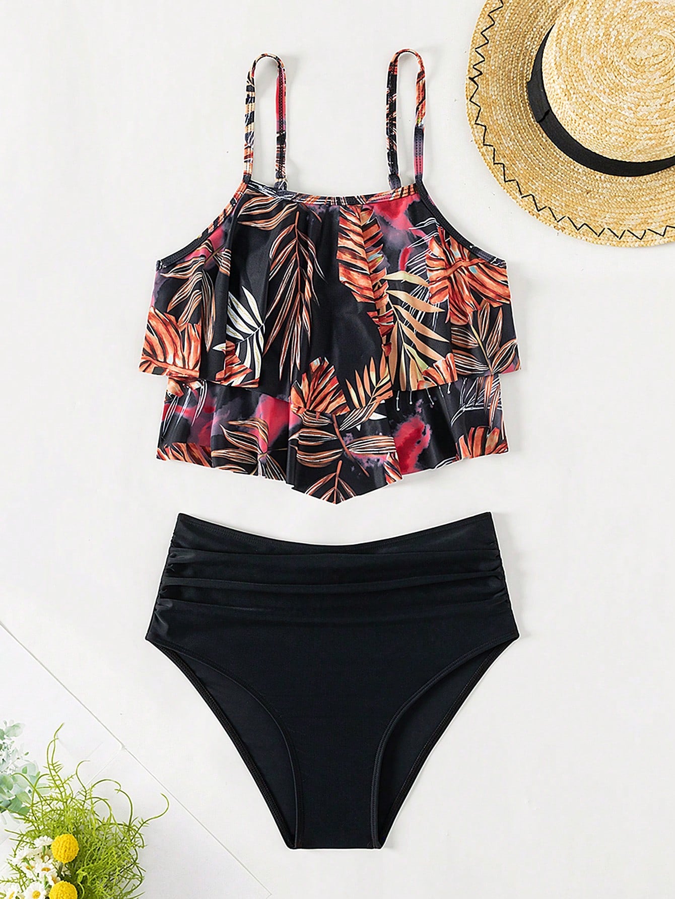 SHEIN Swim Vcay Ruffle Hem Ruched Bikini Swimsuit