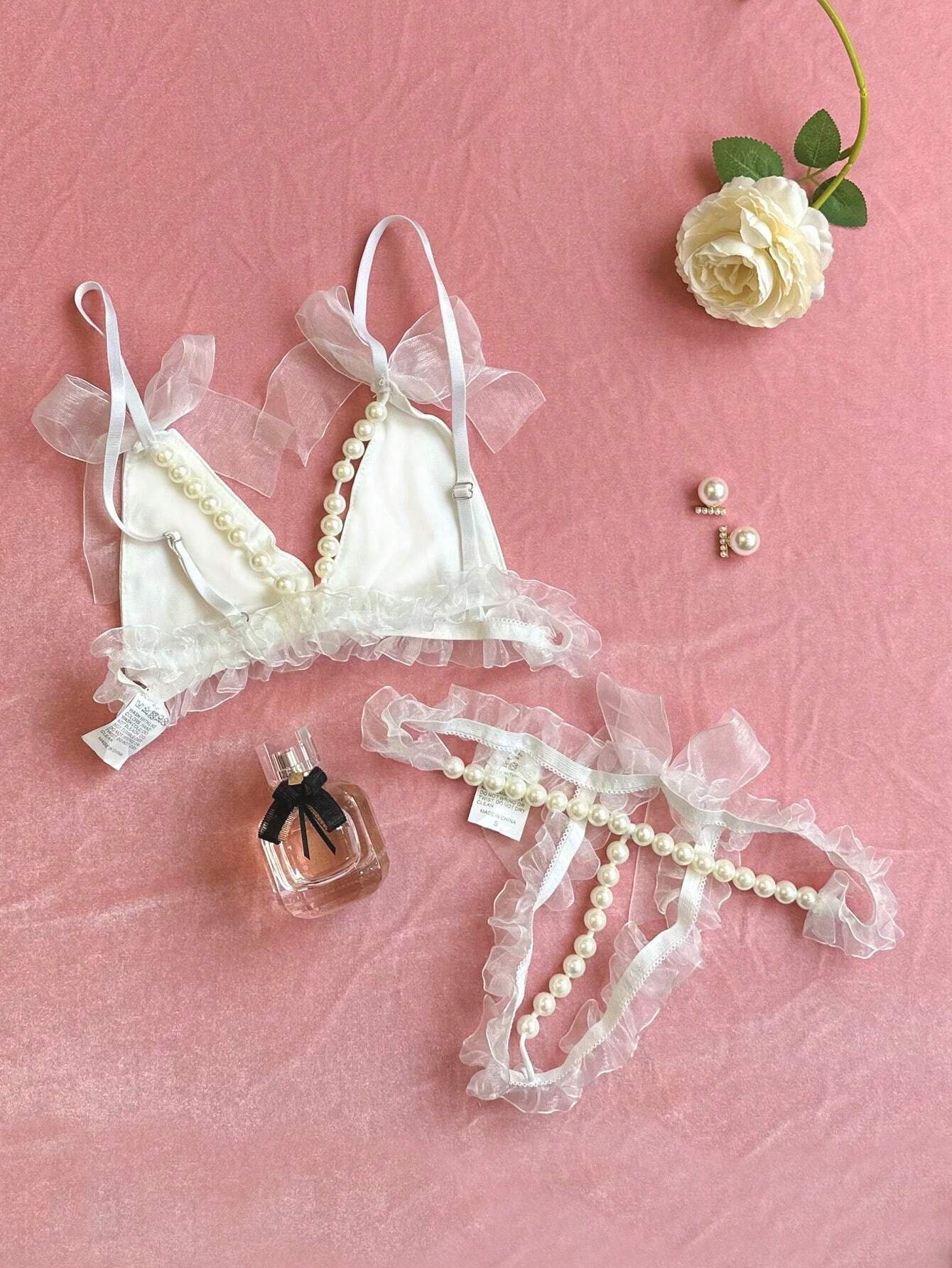 Faux Pearl Decor Lingerie Set