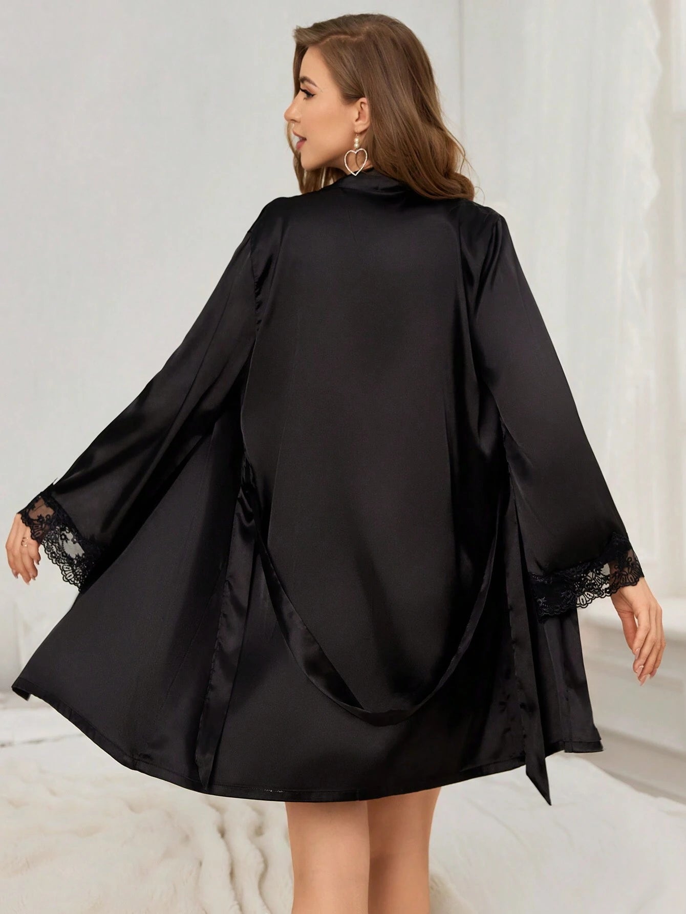 Lace Trimmed Cami Slip Dress And Robe Pajama Set