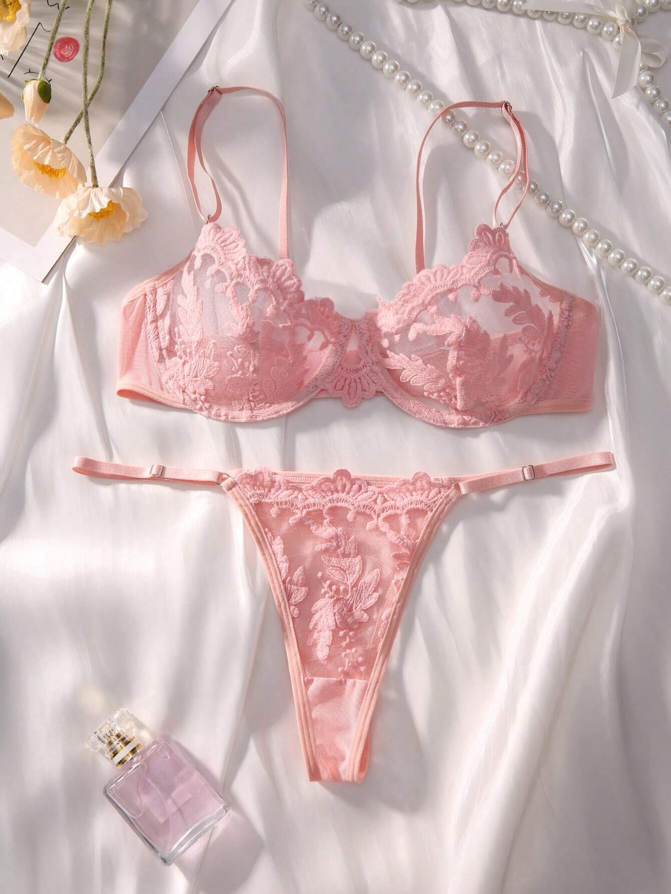 Pure Desire Floral Embroidery Mesh Underwire Lingerie Set