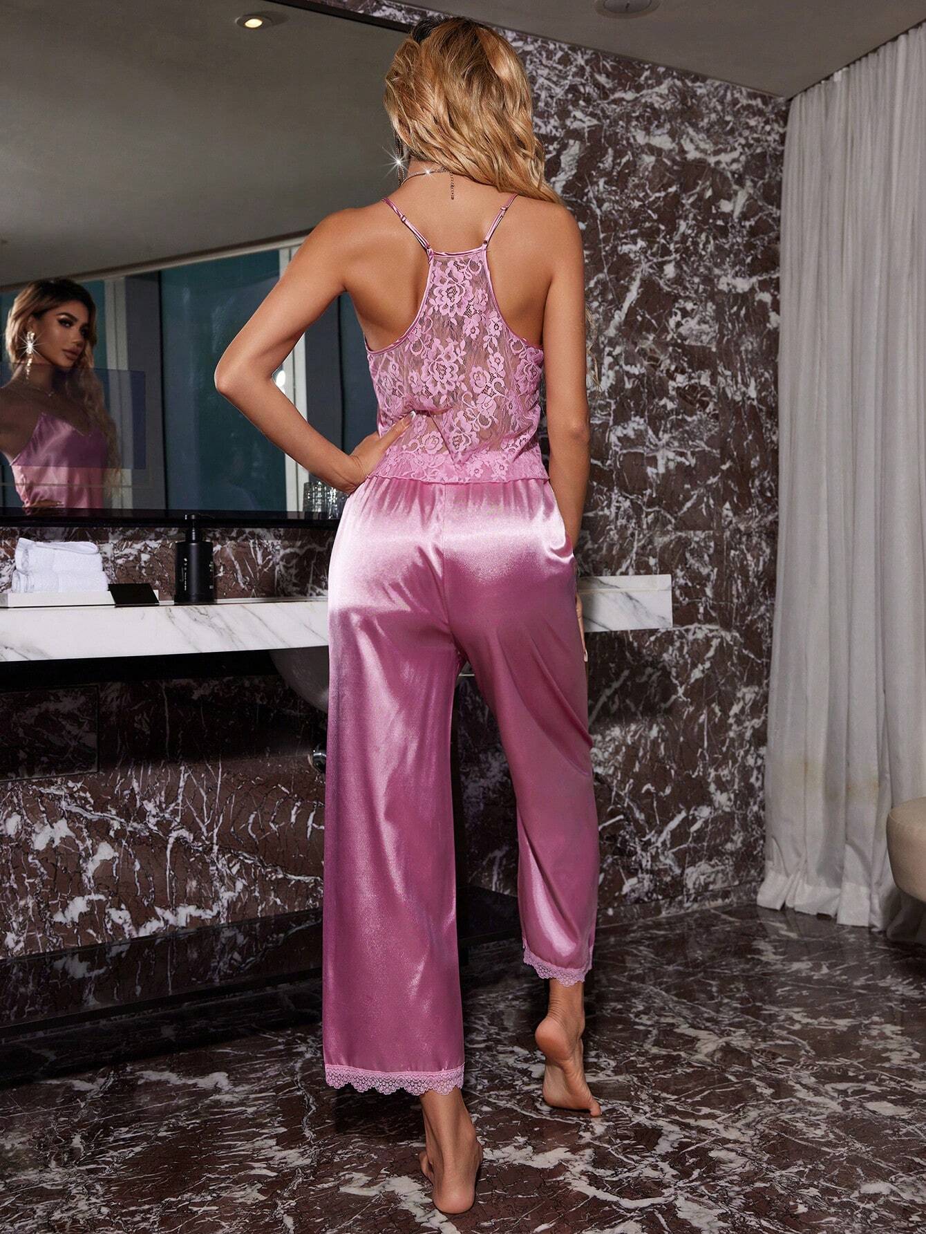 Women's Spaghetti Strap Lace Patchwork Sleeveless Top And Long Pants Two-Piece Pajama Set Pink