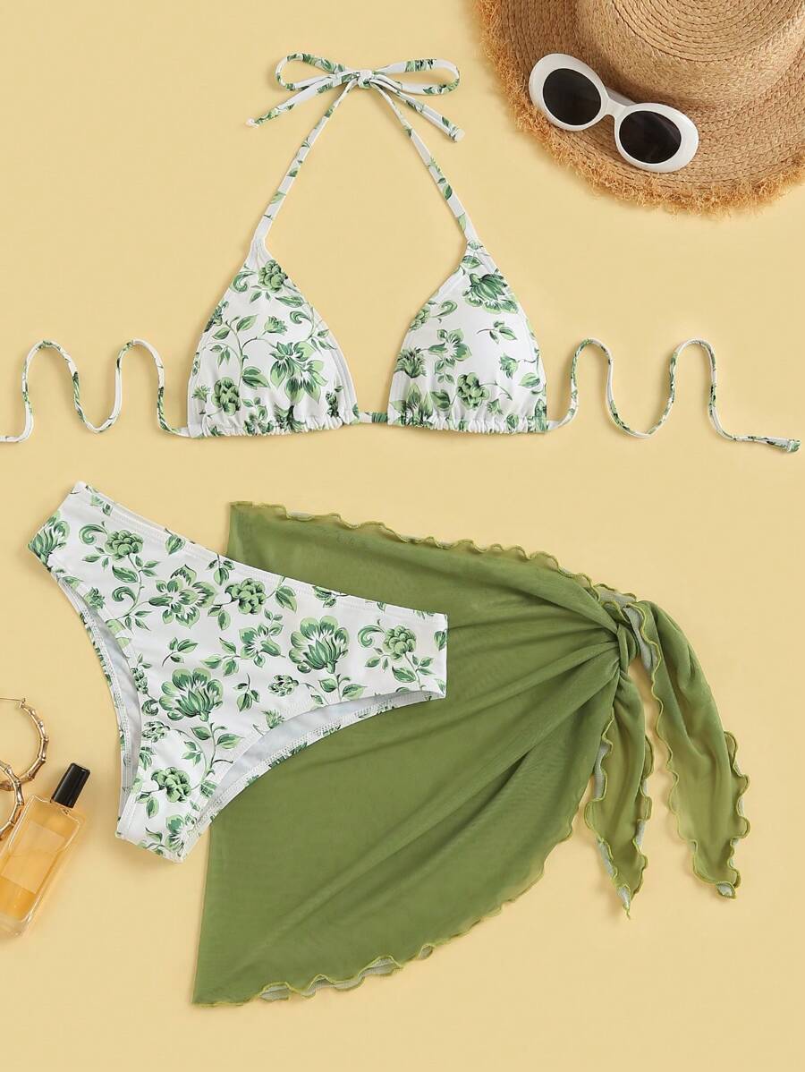 Floral Print Halter Triangle Bikini Swimsuit With Beach Skirt Green