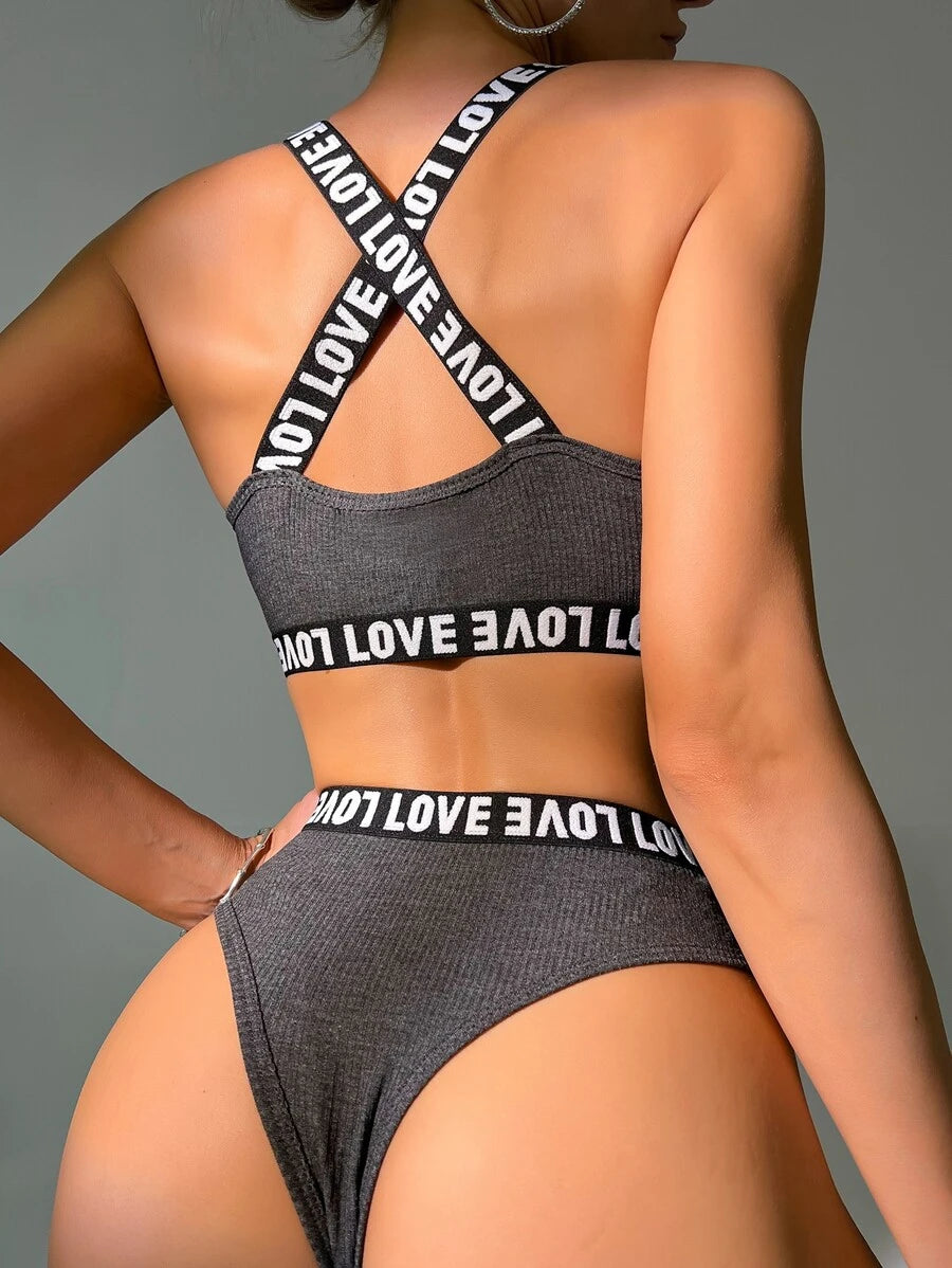 Letter Tape Rib Lingerie Set