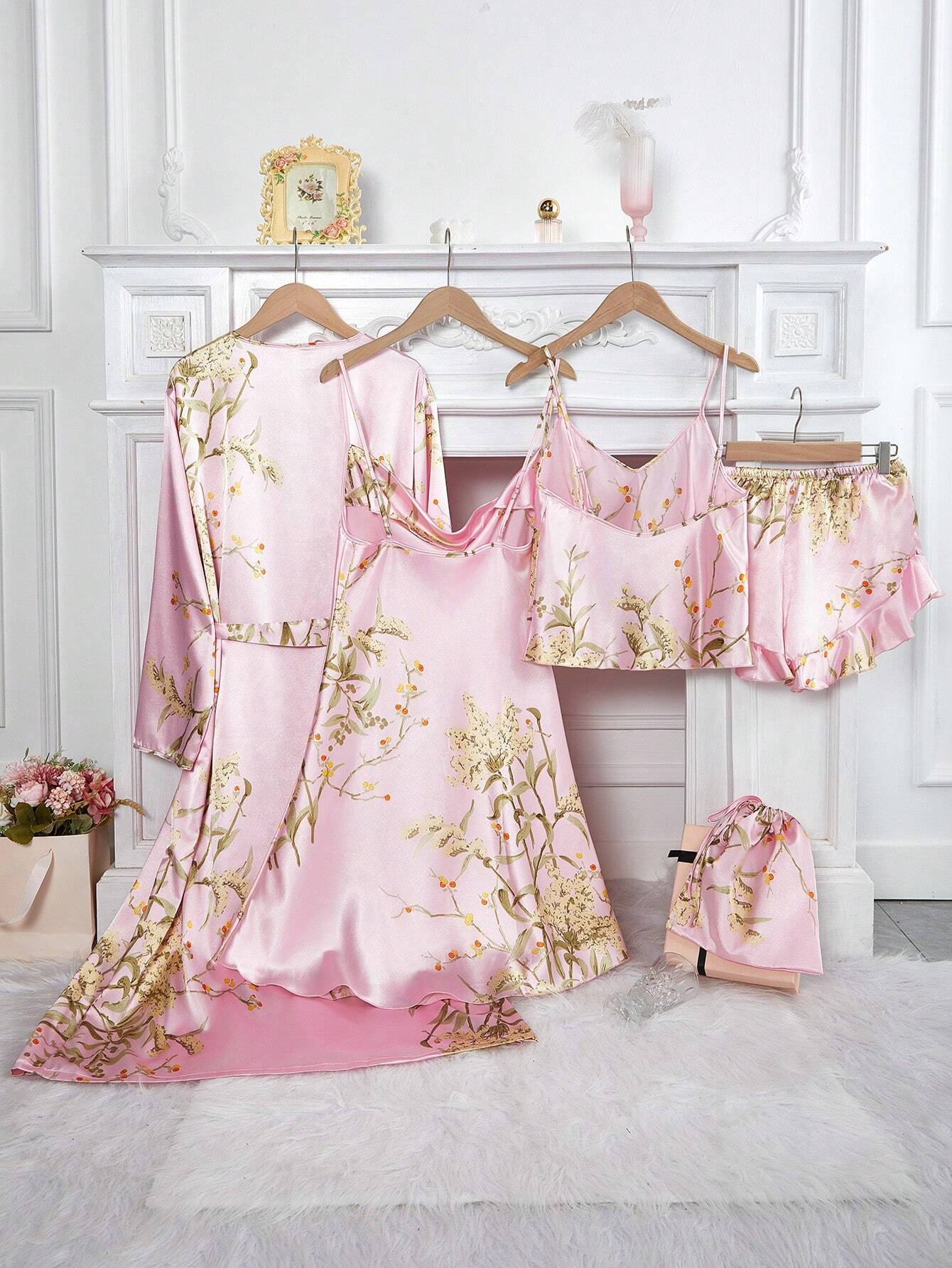 LuxeNights 5pcs/Set Silk-Like Flower Print Camisole Top &amp; Shorts &amp; Dress &amp; Robe &amp; Storage Bag