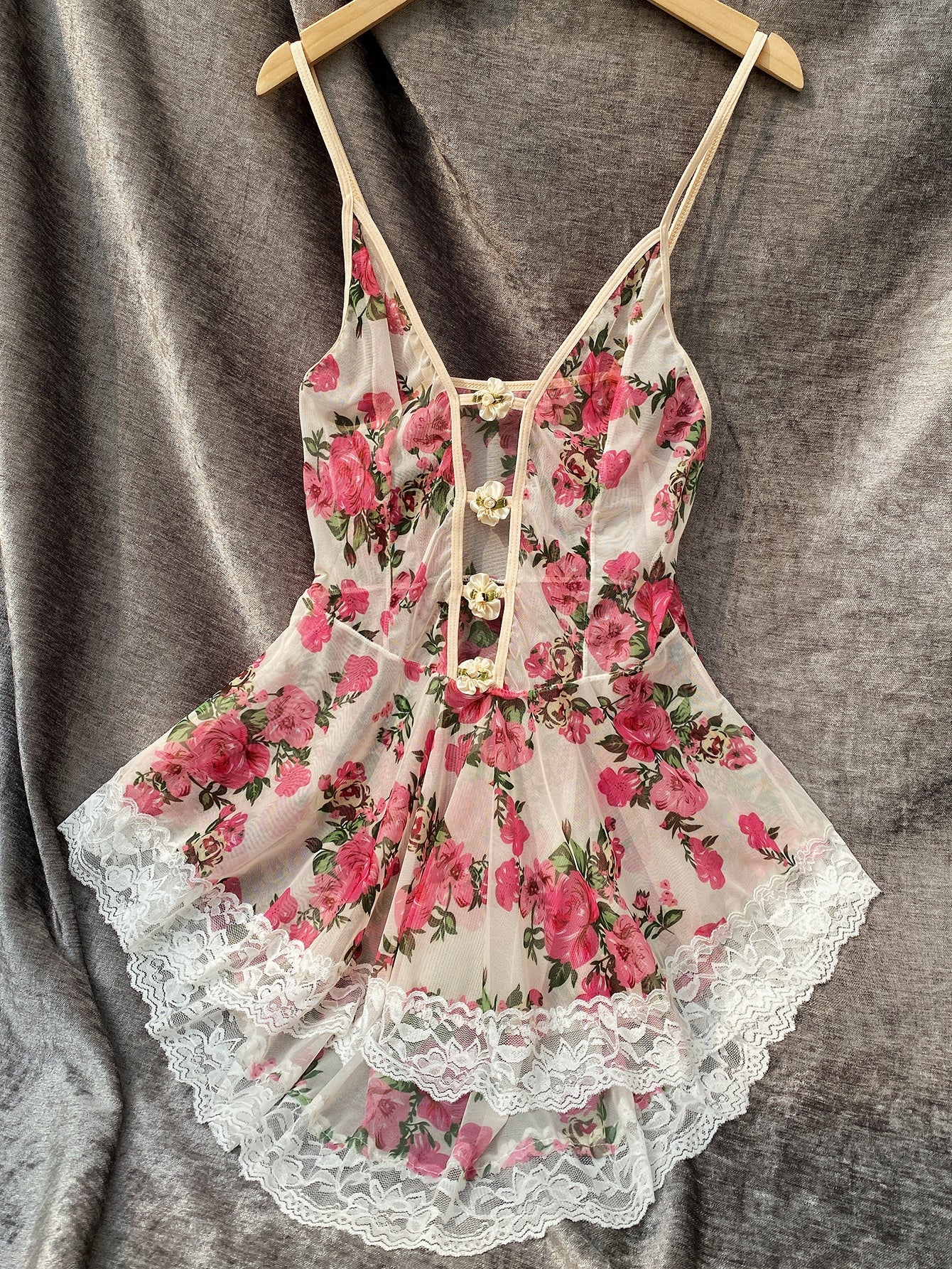 Floral Print Contrast Lace Stereo Flower High Low Mesh Nightdress