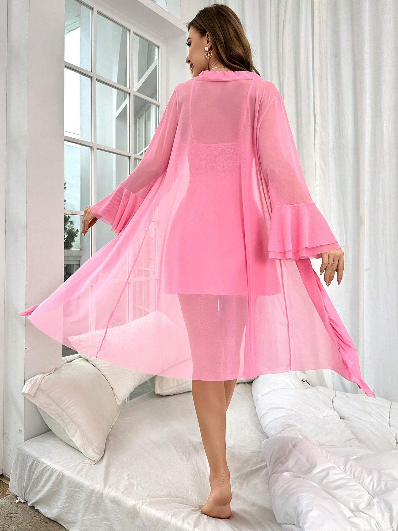 Contrast Lace Flounce Sleeve Mesh Robe &amp; Cami Dress PJ Set