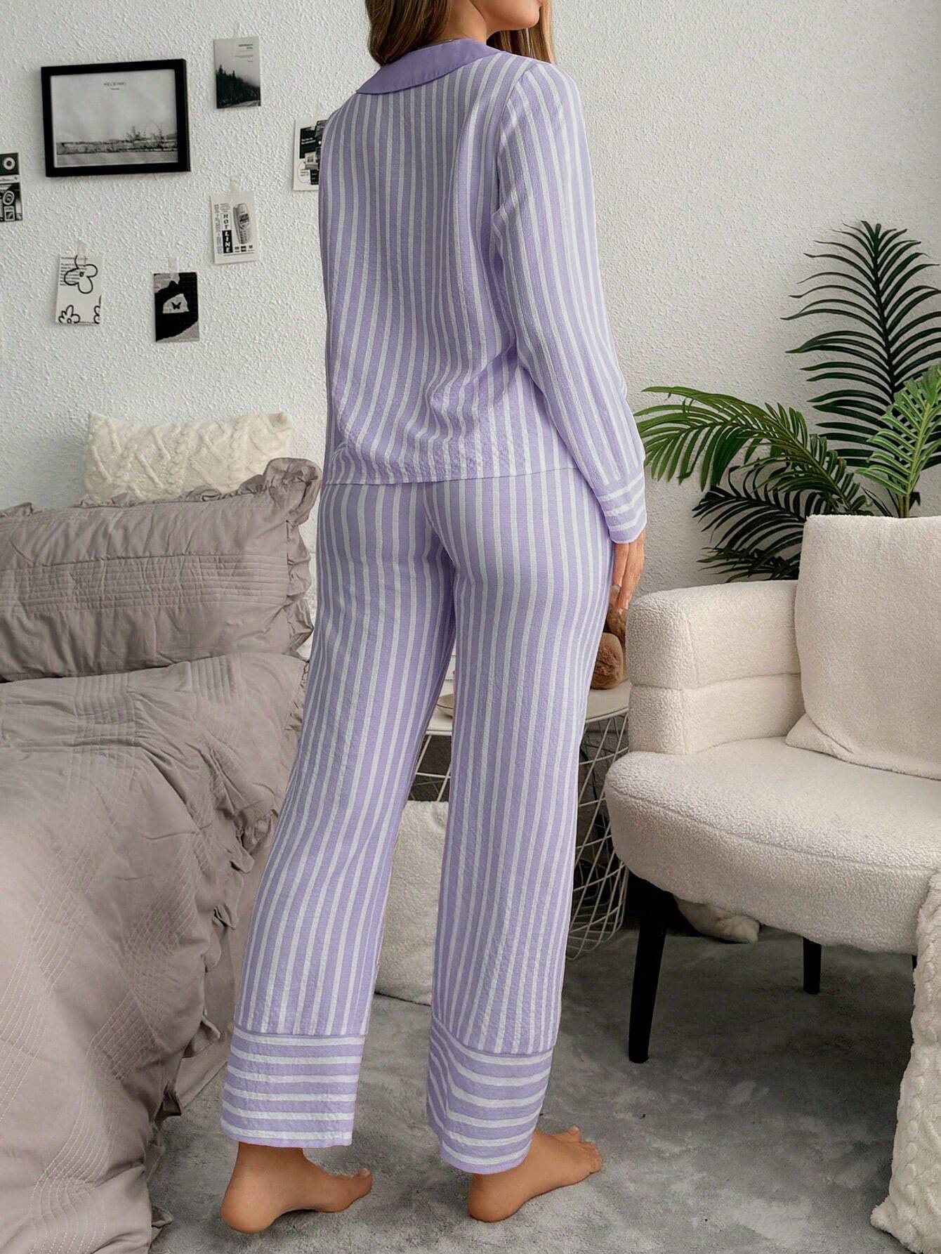 SweetSlumber Contrast Stripe Single Breasted Long Sleeve Top &amp; Pant Women Pajama Set