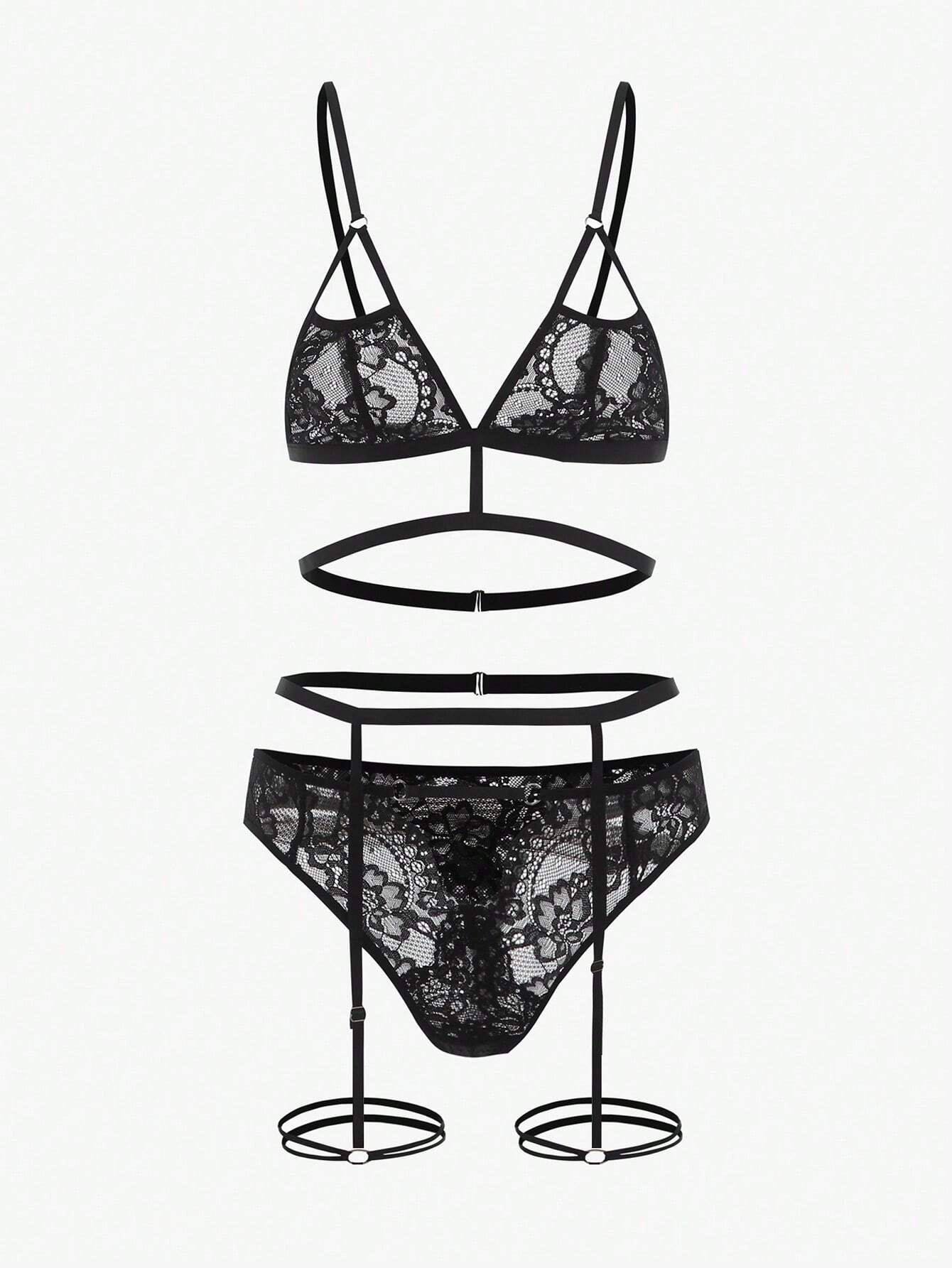Floral Lace Harness Garter Lingerie Set