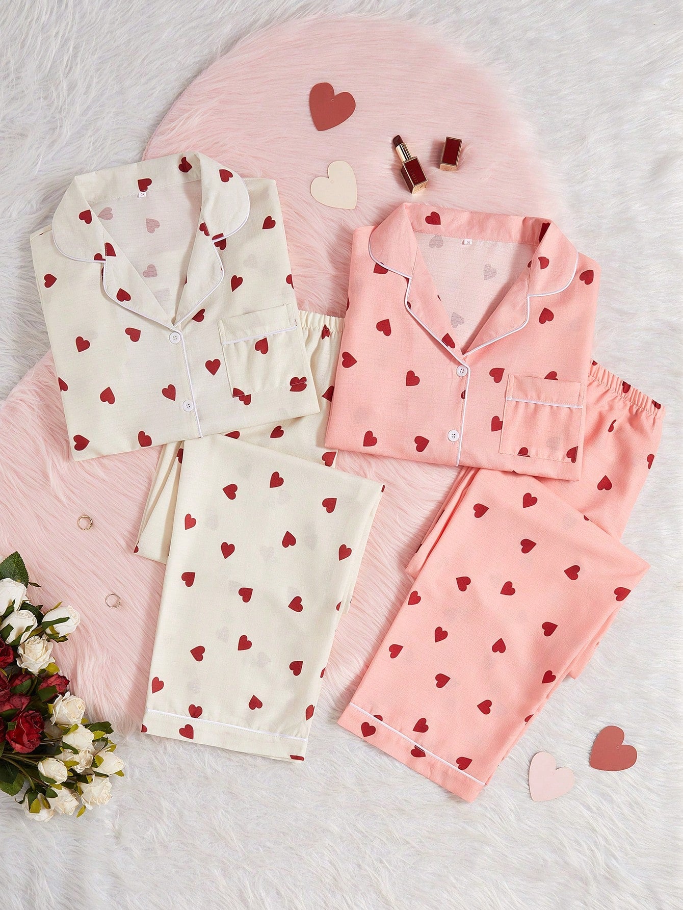 Dream Adore 2 Pcs Women's Heart Print Button Up Collar Long Sleeve Top And Bottoms