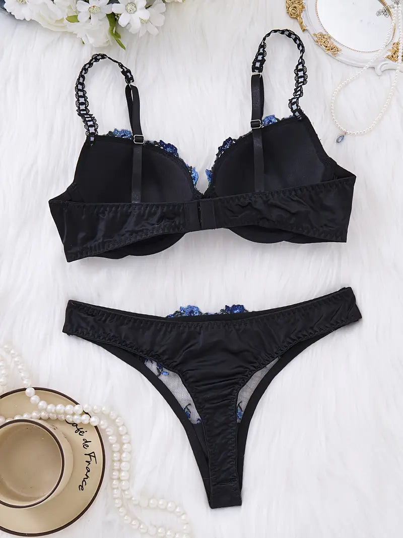 Floral Embroidered Lingerie Set, High Support Push Up Bra & Tin Triangle Panties