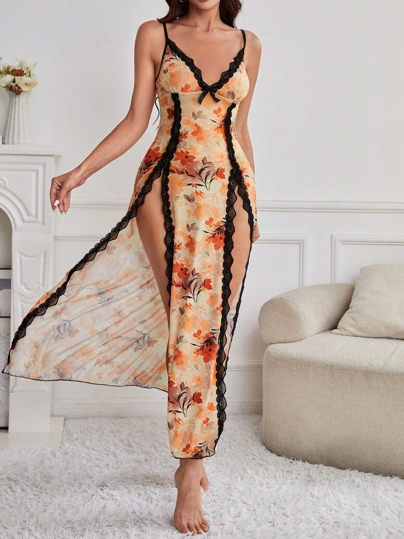Lace Trimmed High Slit Hem Sleepwear Dress