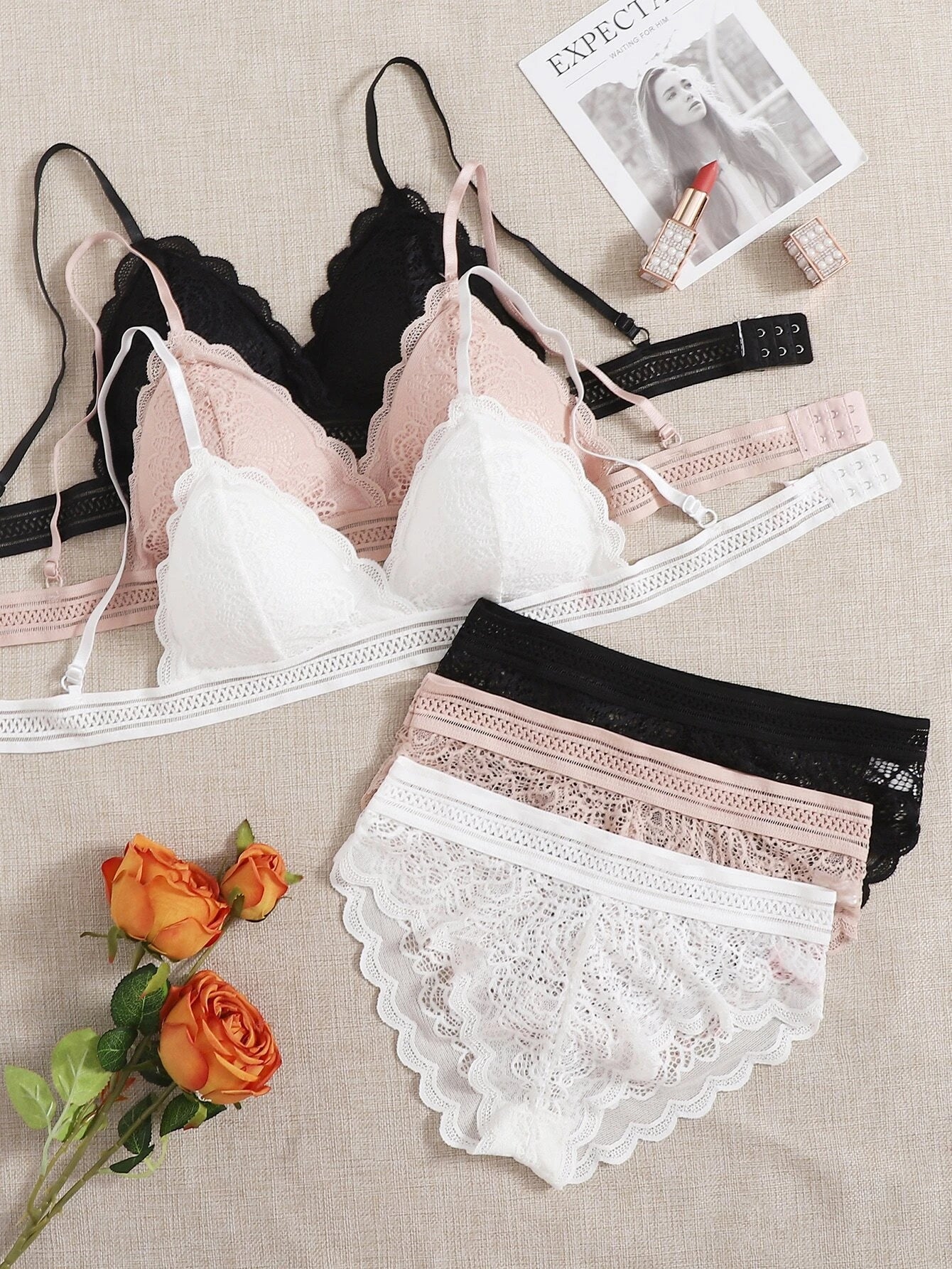 Underwear&amp;Sleepwear Basics 3sets Floral Lace Bra &amp; Panty Lingerie Set