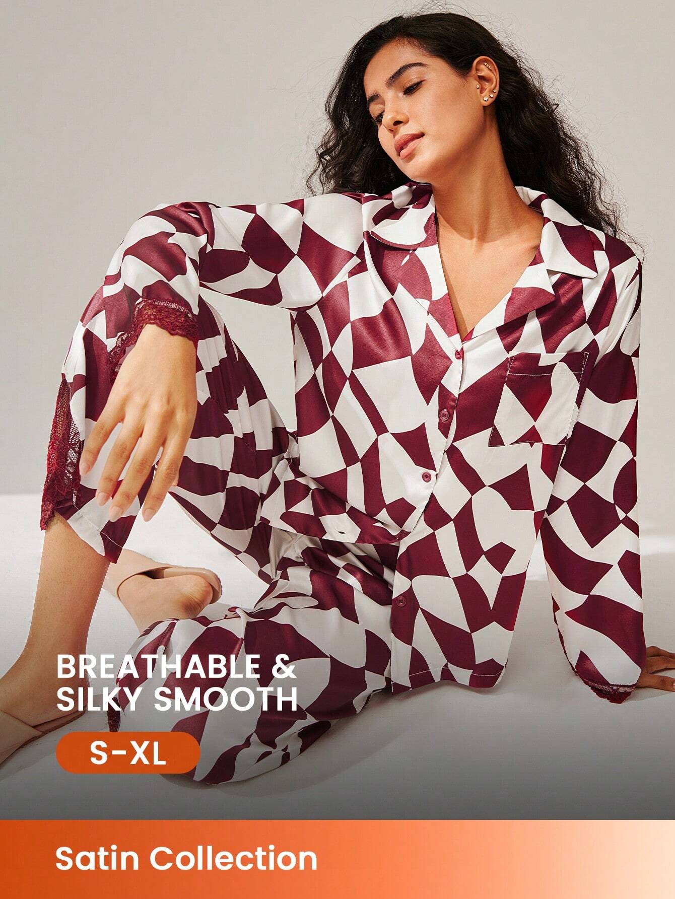 LUVLETTE Christmas Geometric Print Lace Lined Button Up Pajama Set