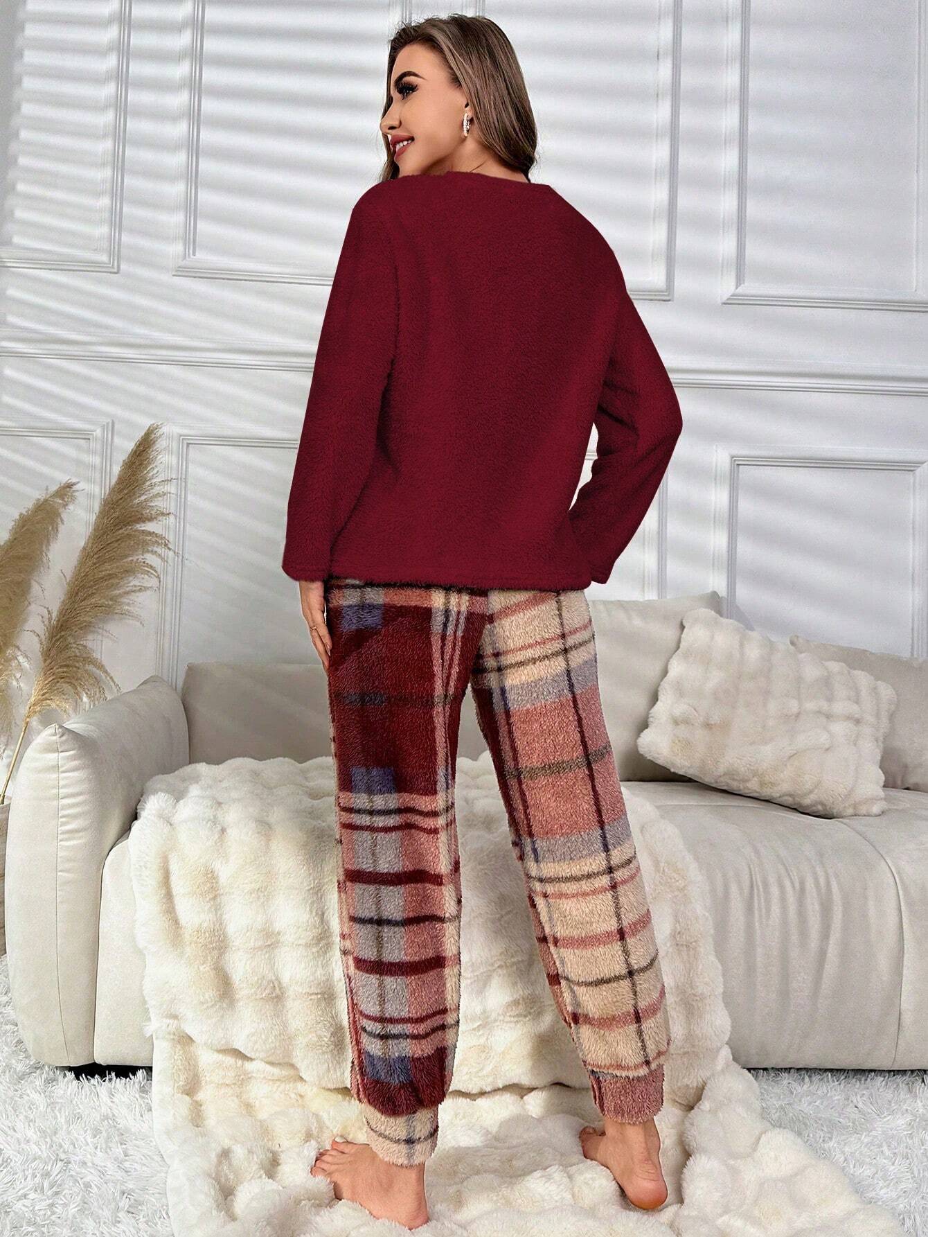 Bear &amp; Letter Embroidery Drop Shoulder Teddy PJ Set / Pajama Set