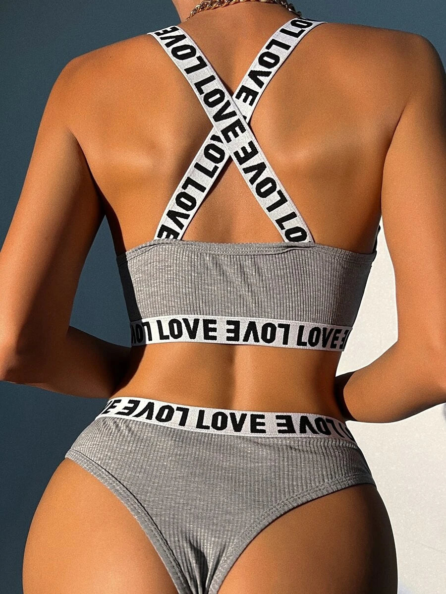 Letter Tape Rib Lingerie Set