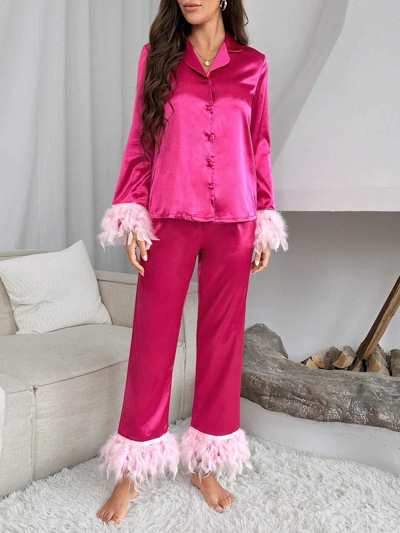 Fuzzy Trim Satin PJ Set / Pajama Set