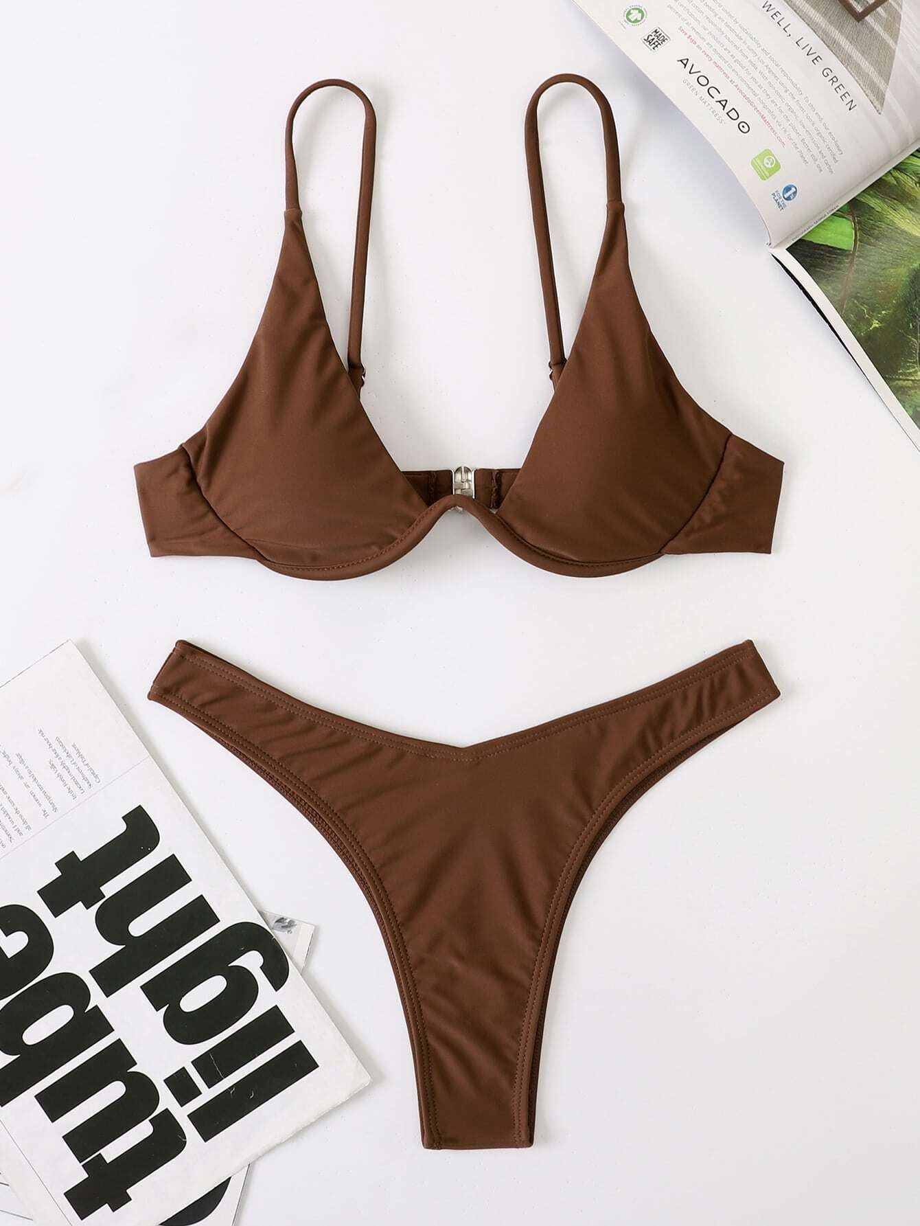 Solid Underwire Bikini Swimsuit Coffee Brown
