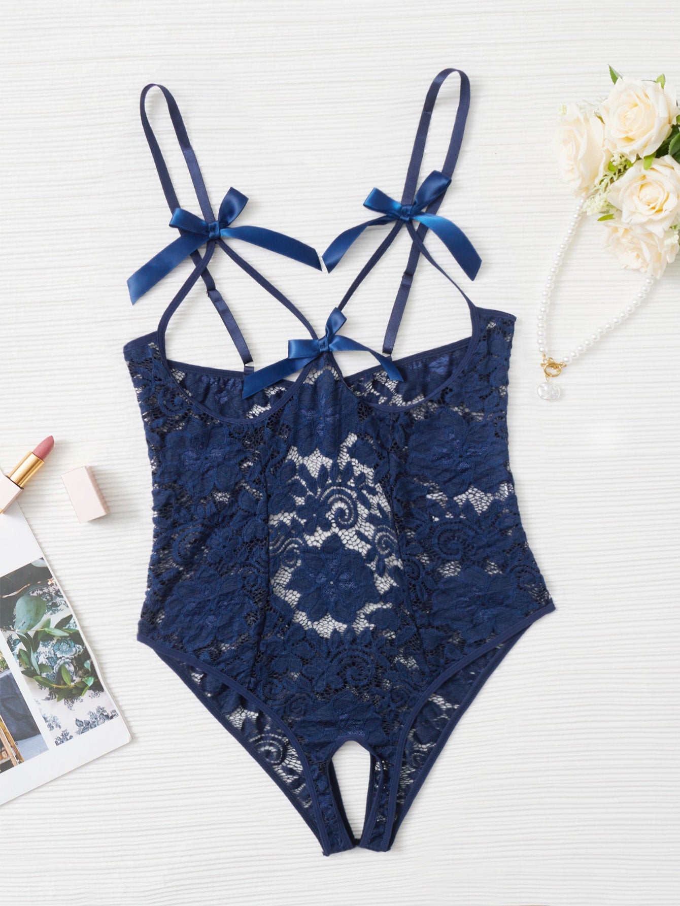 Plus Lace Bow Front Crotchless Teddy Bodysuit Navy Blue