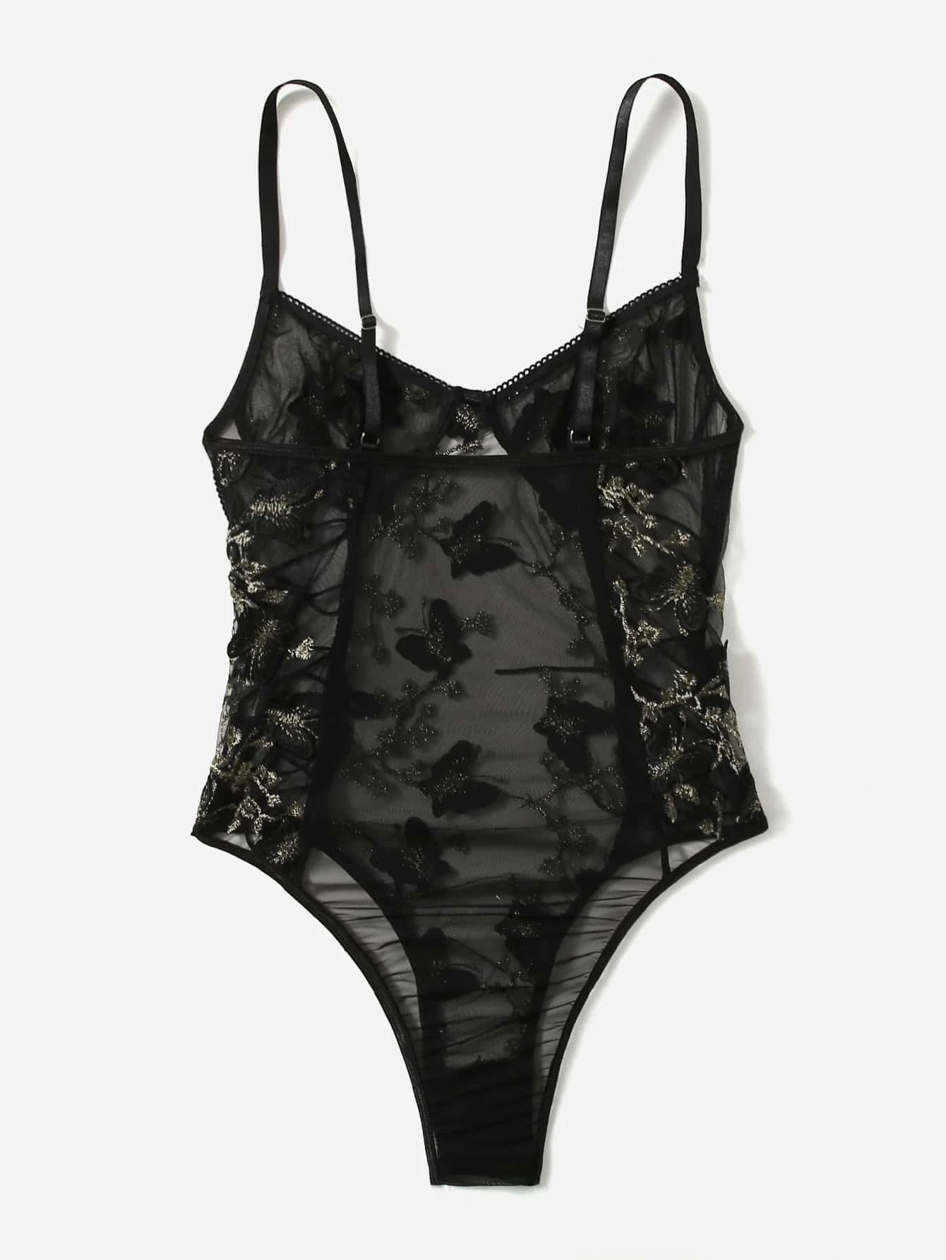 Butterfly Embroidered Mesh Teddy Bodysuit