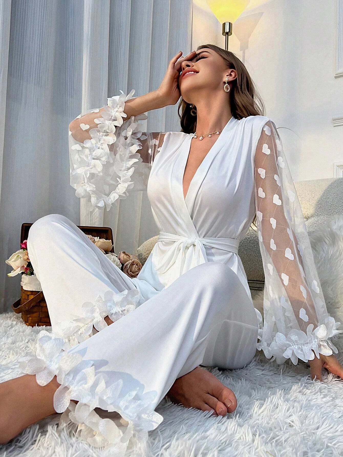 Mesh Panel Flower Applique Flare Sleeve Wrap Top And Long Pants Pajama Set