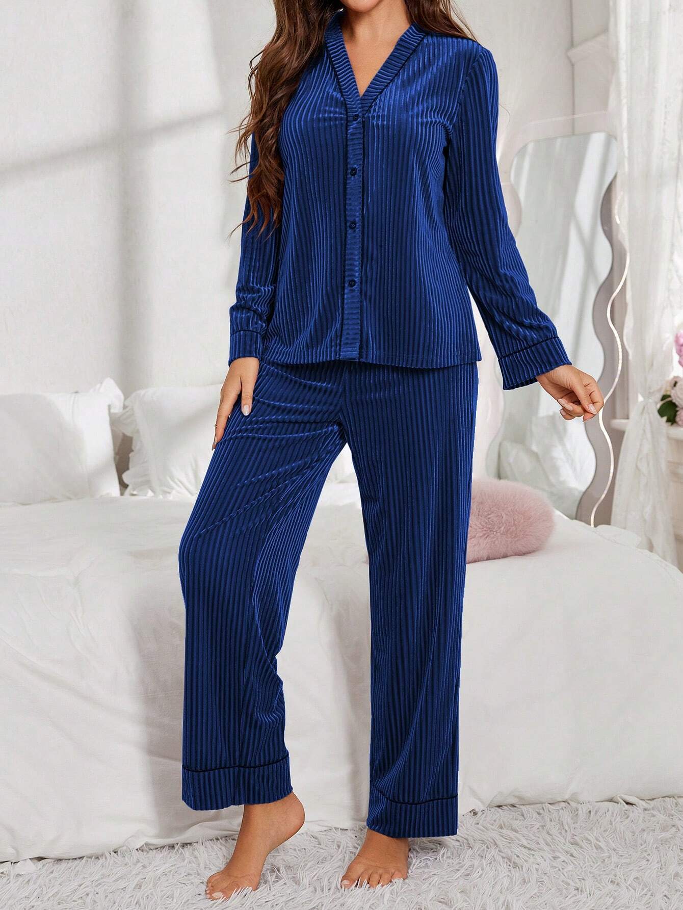 Women Velvet Button-Up Long Sleeve Pajama Set