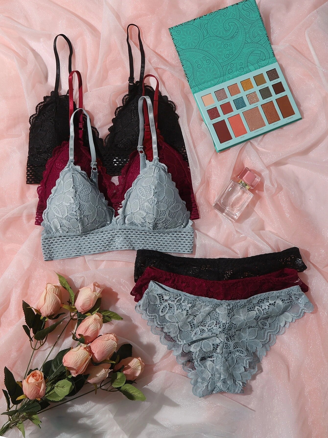Underwear&amp;Sleepwear Basics 3sets Floral Lace Bra &amp; Panty Lingerie Set