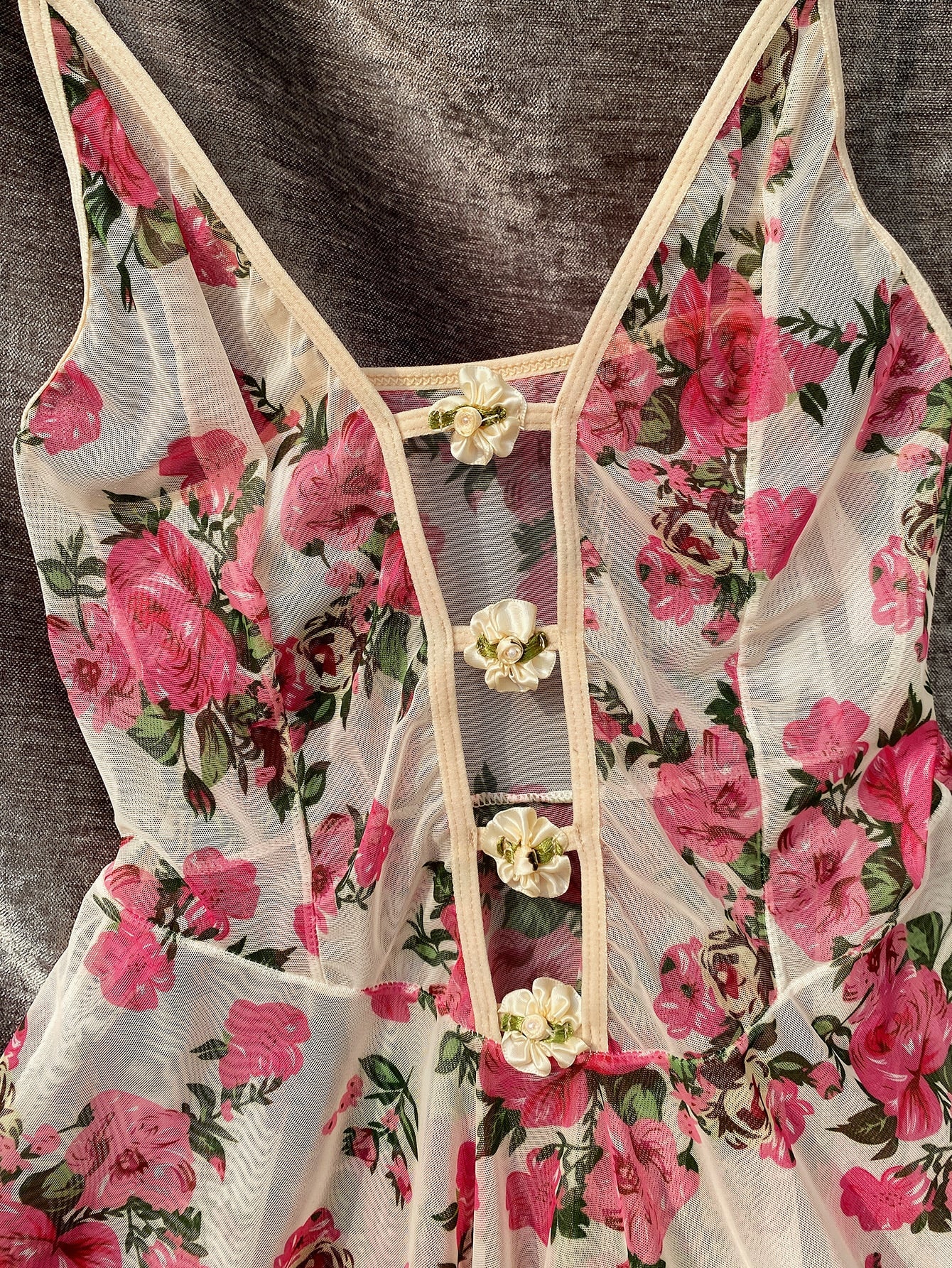 Floral Print Contrast Lace Stereo Flower High Low Mesh Nightdress