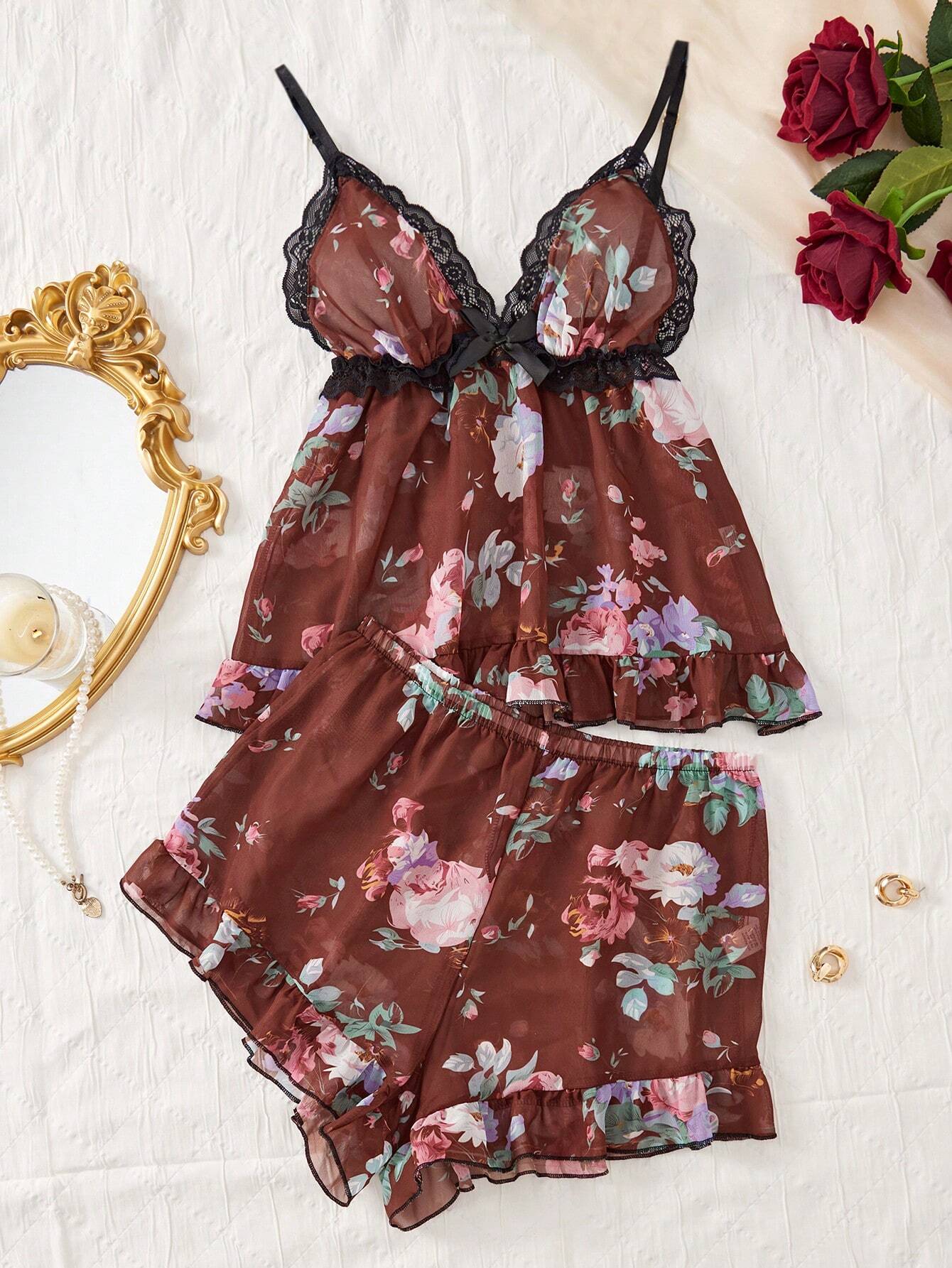 Floral Print Contrast Lace Bow Front Ruffle Hem PJ Set