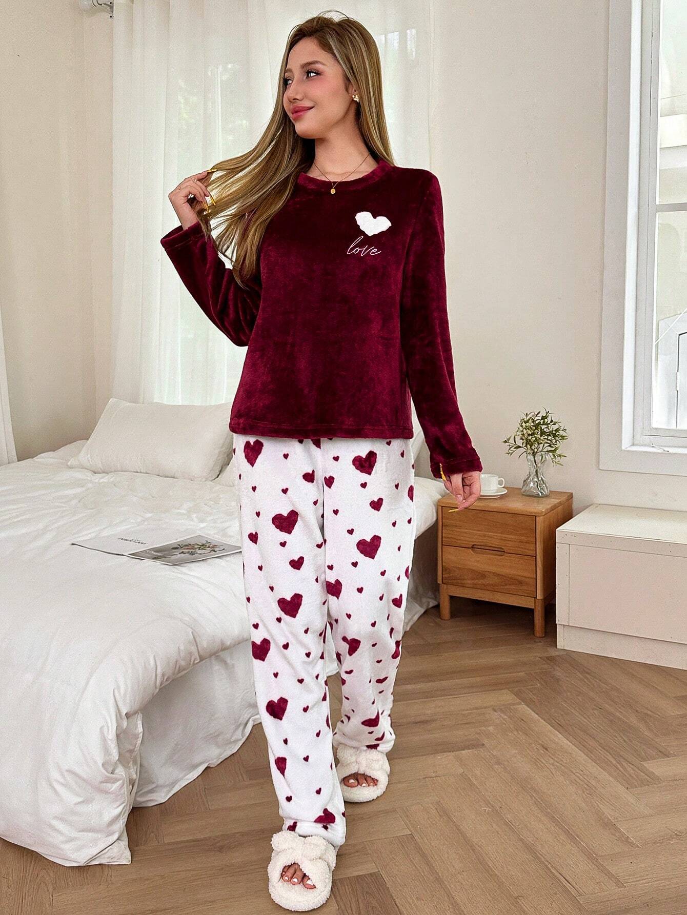 Dream Adore Heart-Shaped Flannel Long Sleeve &amp; Pants Pajama Set