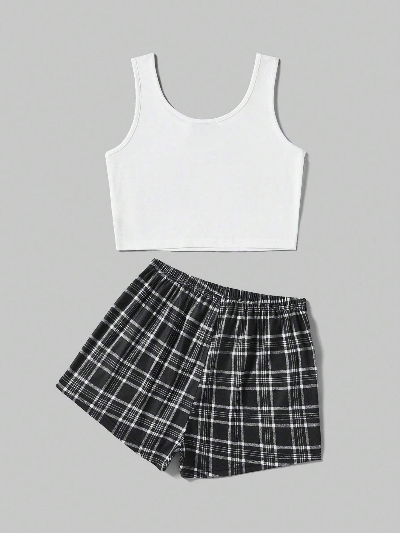 ROMWE Solid Color Sleeveless Top &amp; Plaid Shorts Casual Pajama Set