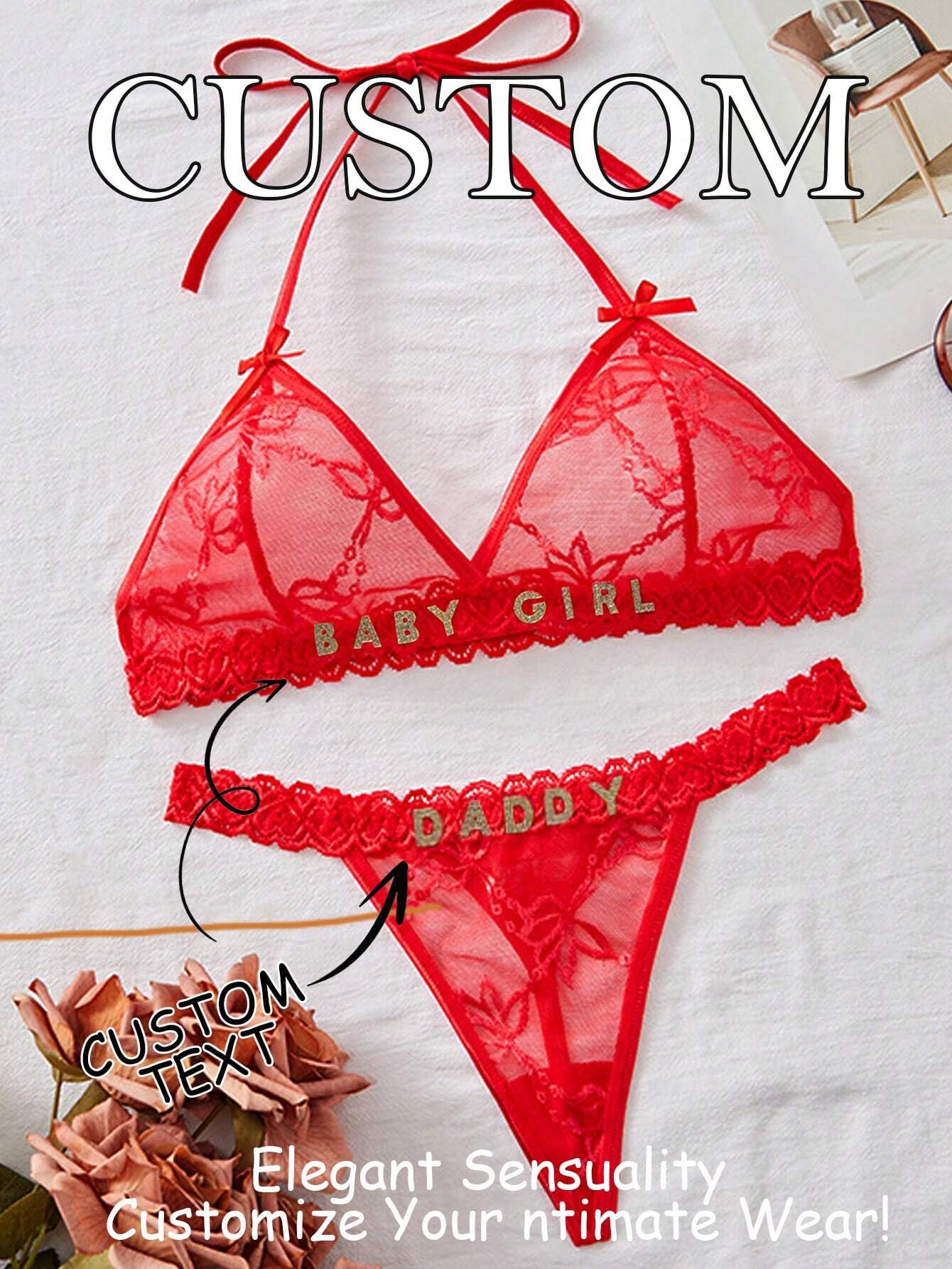Customized Lace See-Through T-String Set Red One-Size