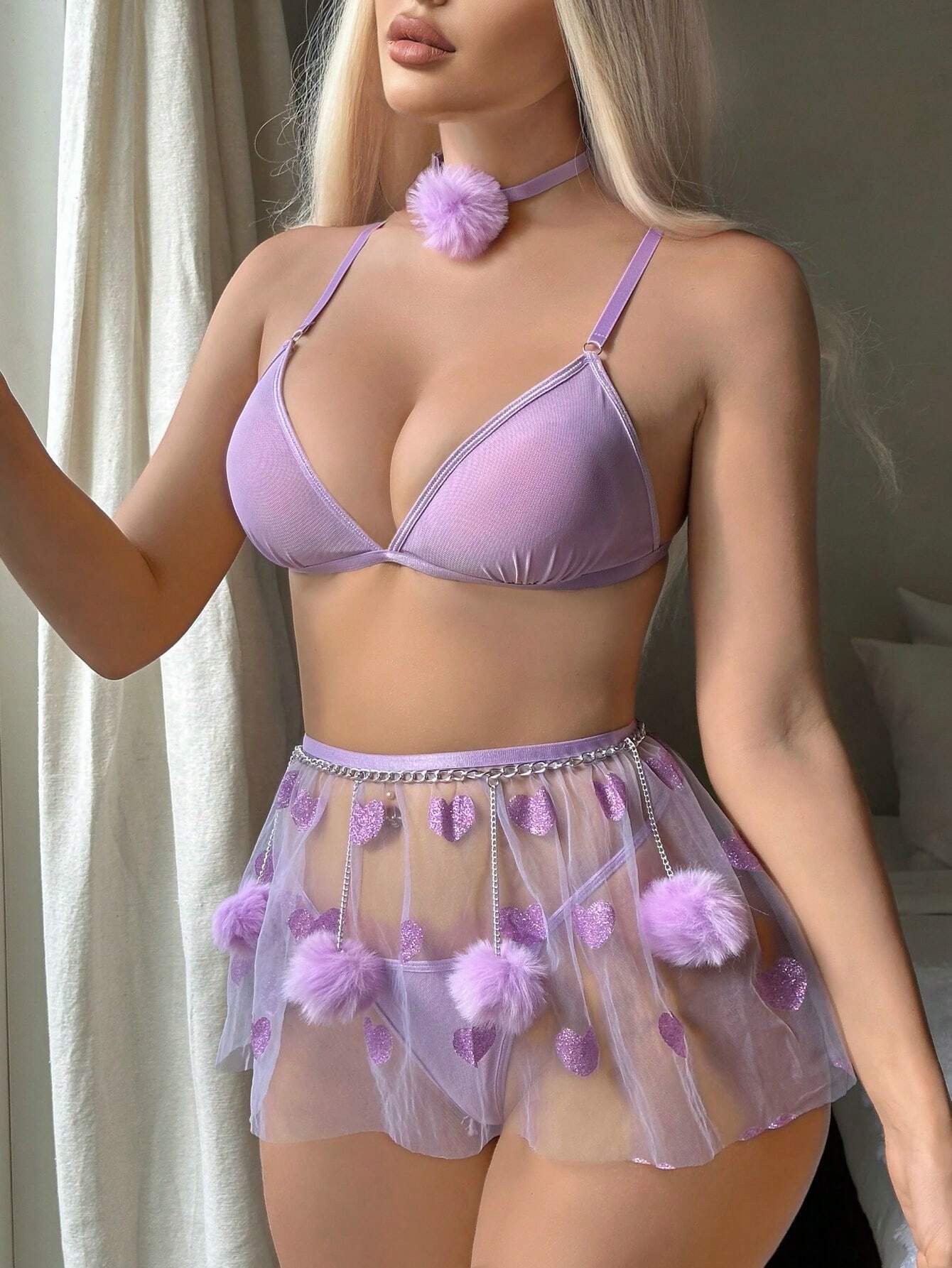 5pack Appliques Mesh Lingerie Set With Choker