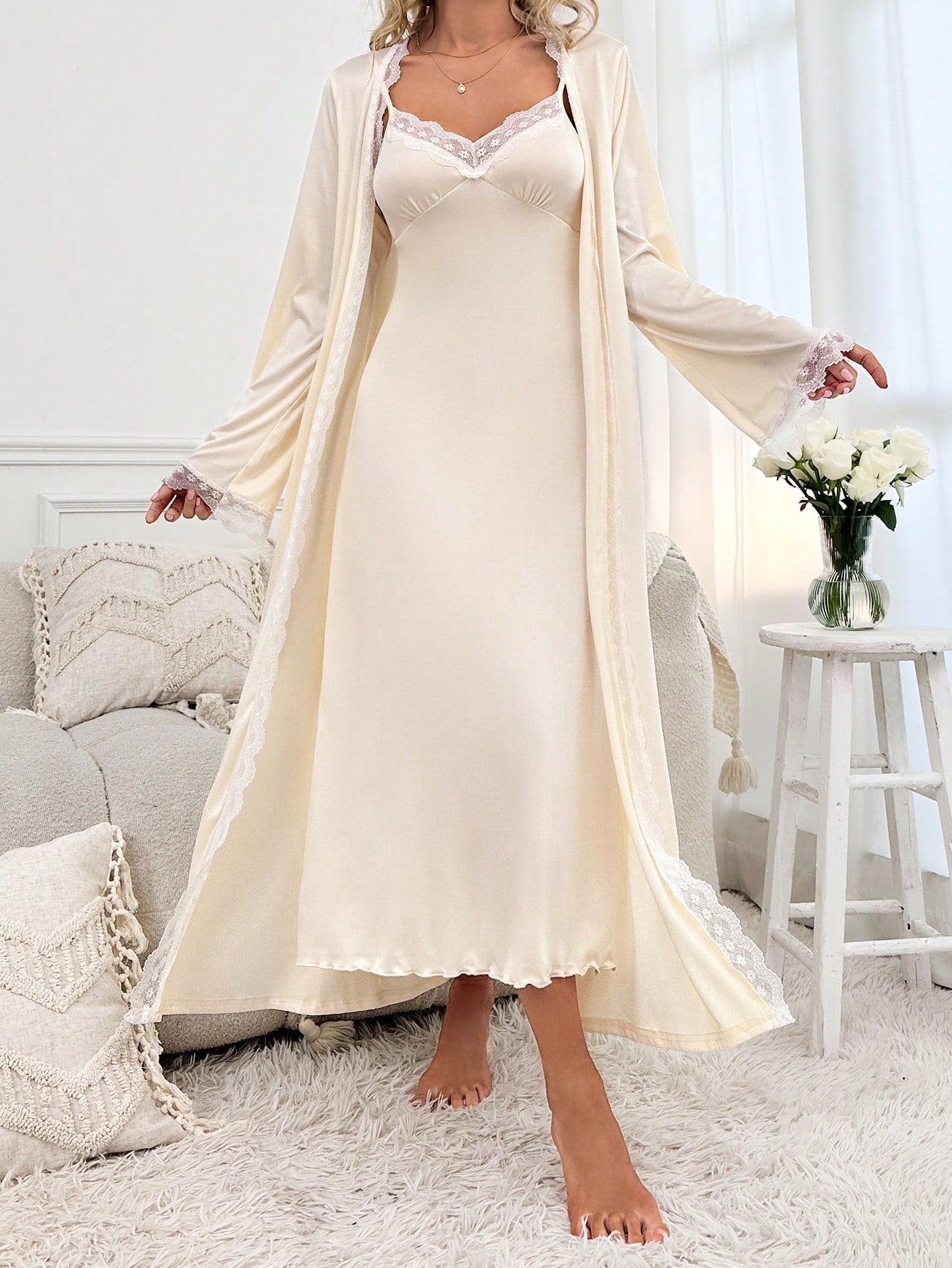 Contrast Lace Lettuce Trim Belted Robe &amp; Cami Dress PJ Set