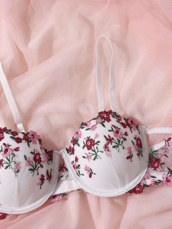 Floral Embroidered Mesh Underwire Lingerie Set