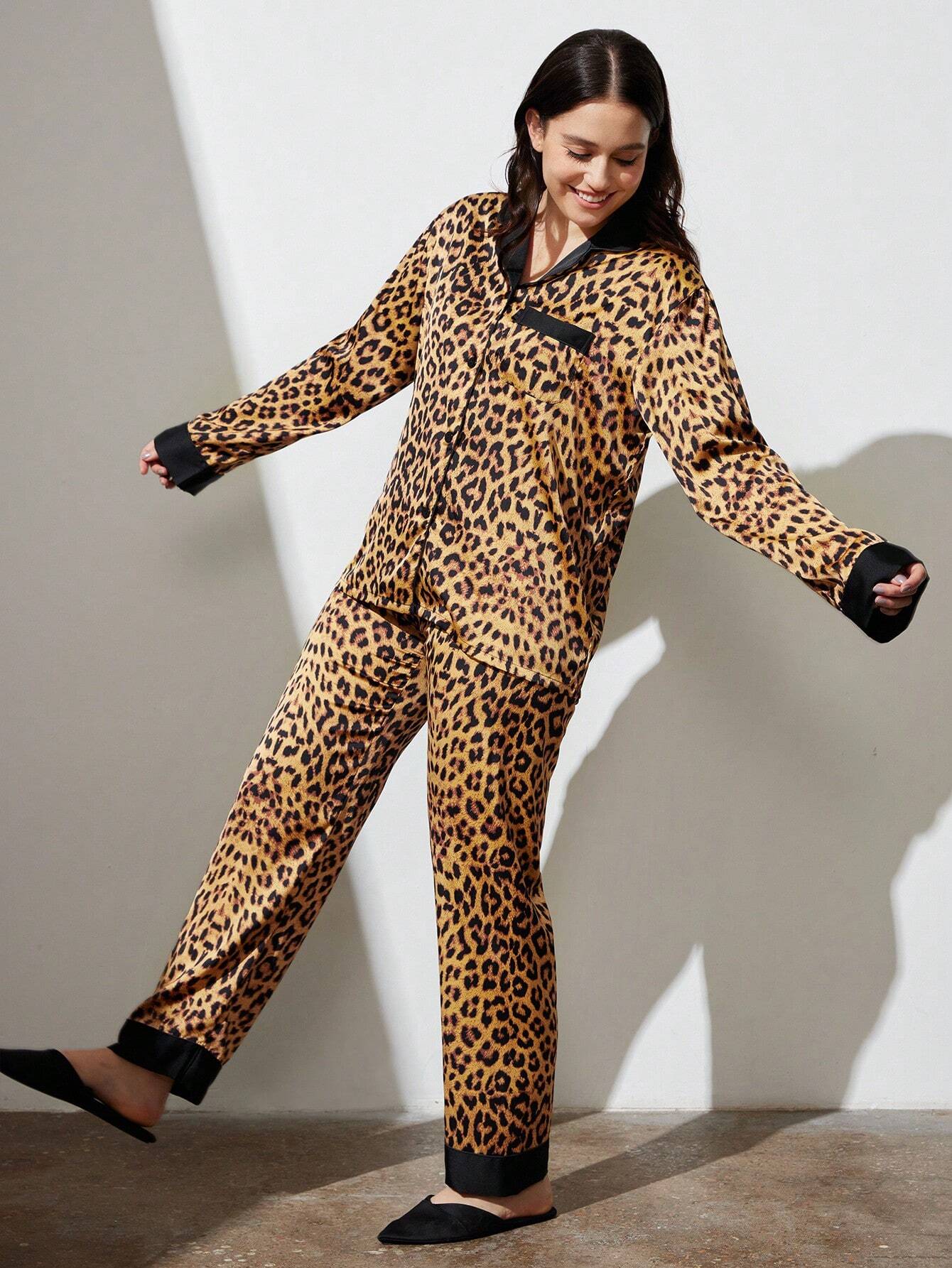 LUVLETTE Sexy Leopard Print Satin Long Women Pajama Set