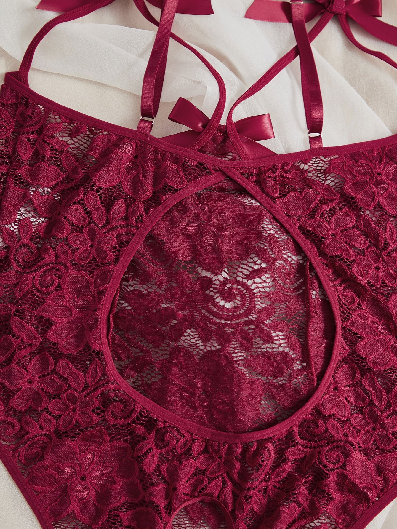 Plus Lace Bow Front Crotchless Teddy Bodysuit