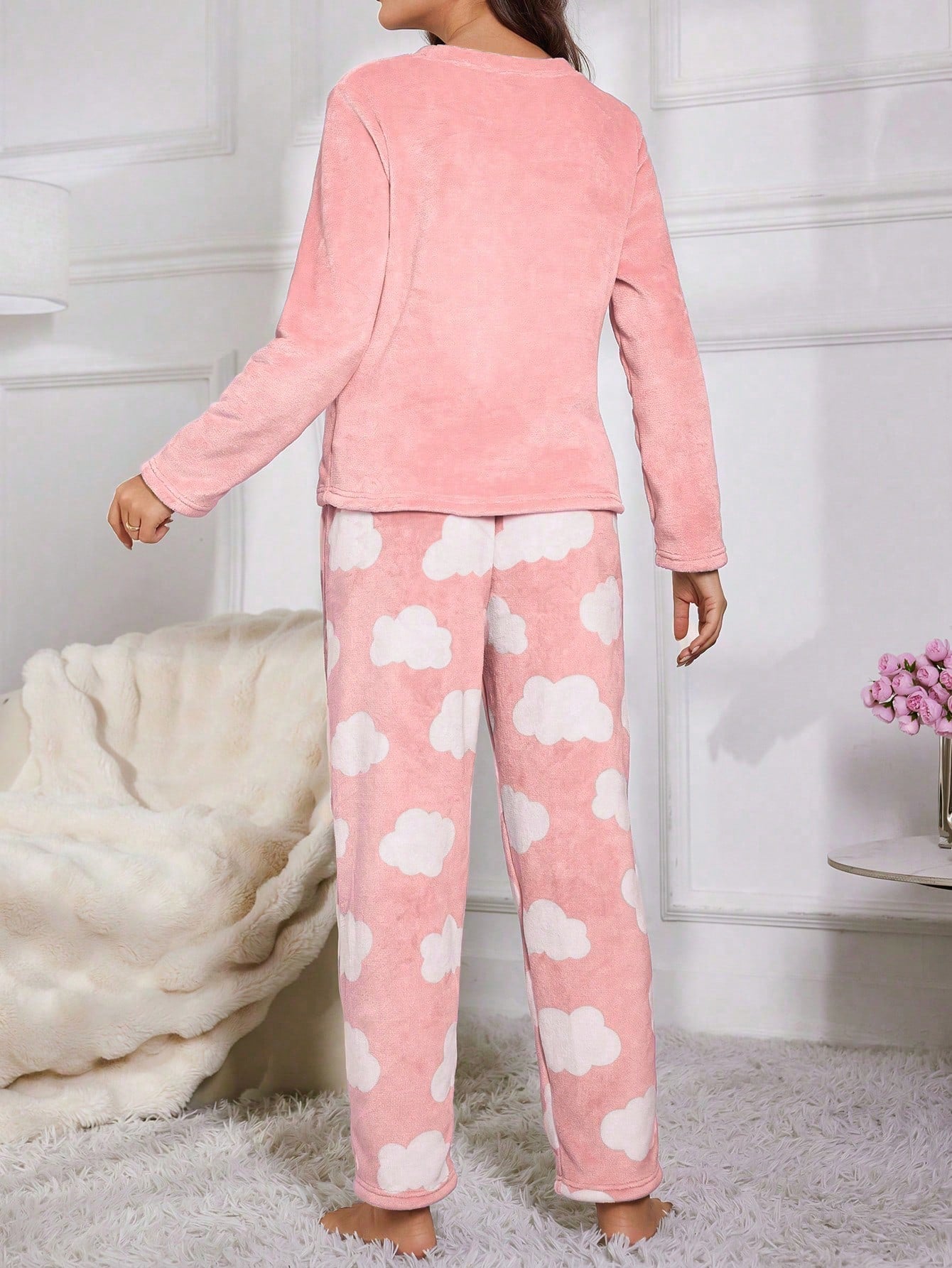 Eyelash Embroidery Flannel Long Sleeve Pajama Set