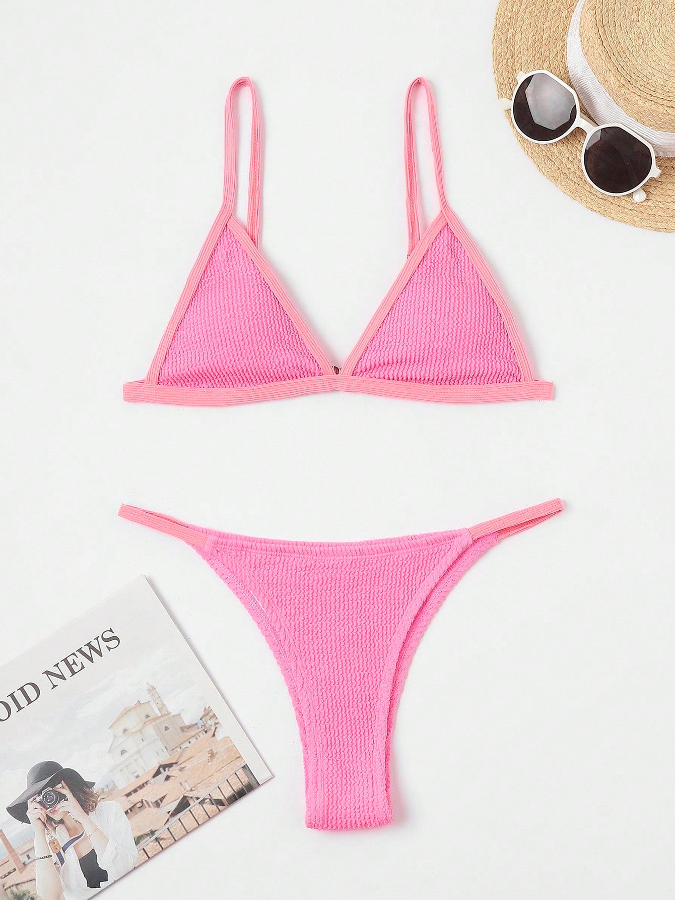 Contrast Binding Triangle Thong Bikini Swimsuit